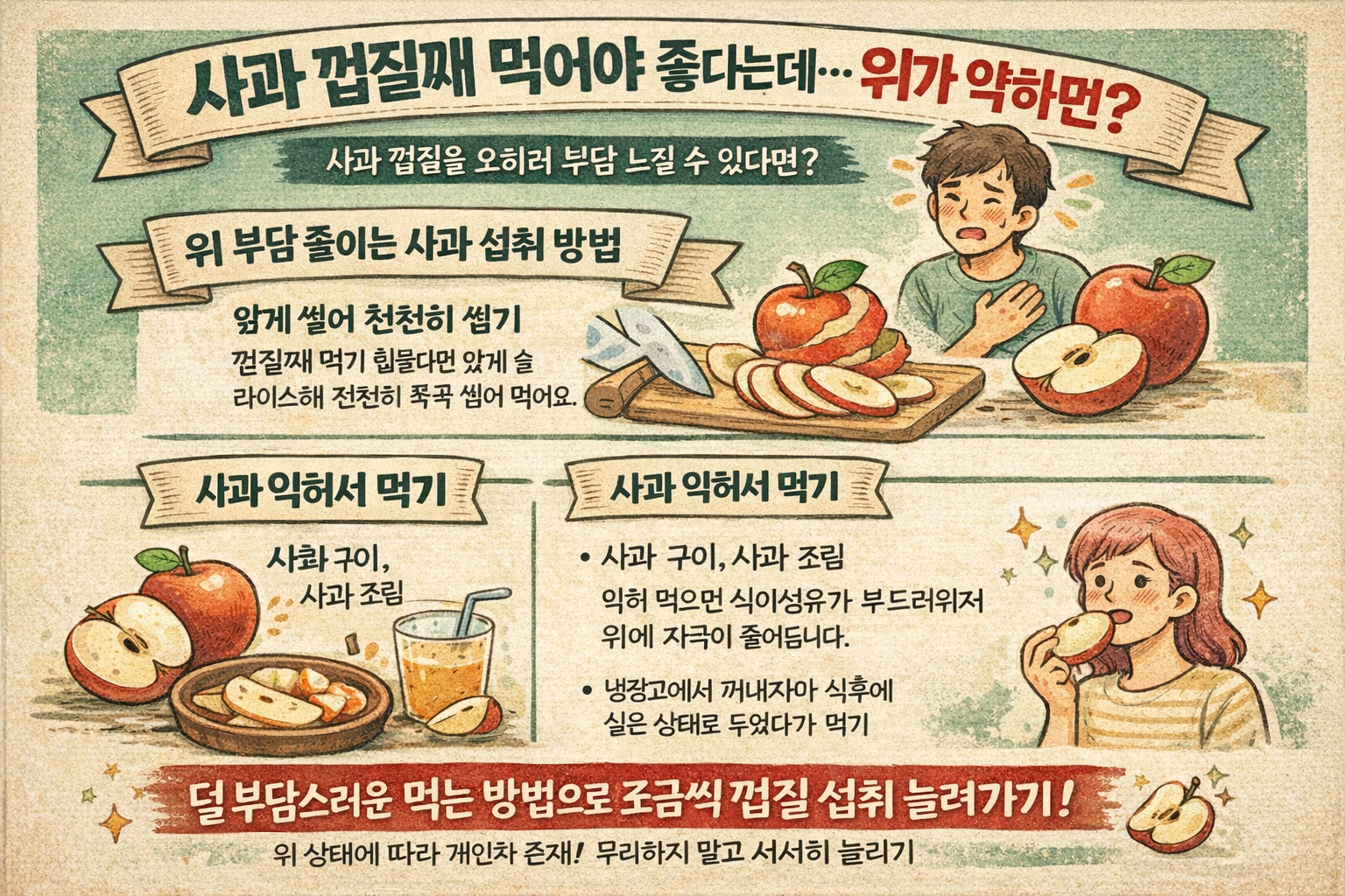 사과 껍질째 먹어야 좋다는데…위 약한 사람은 오히려 부담, 속쓰림 줄이는 먹는 법