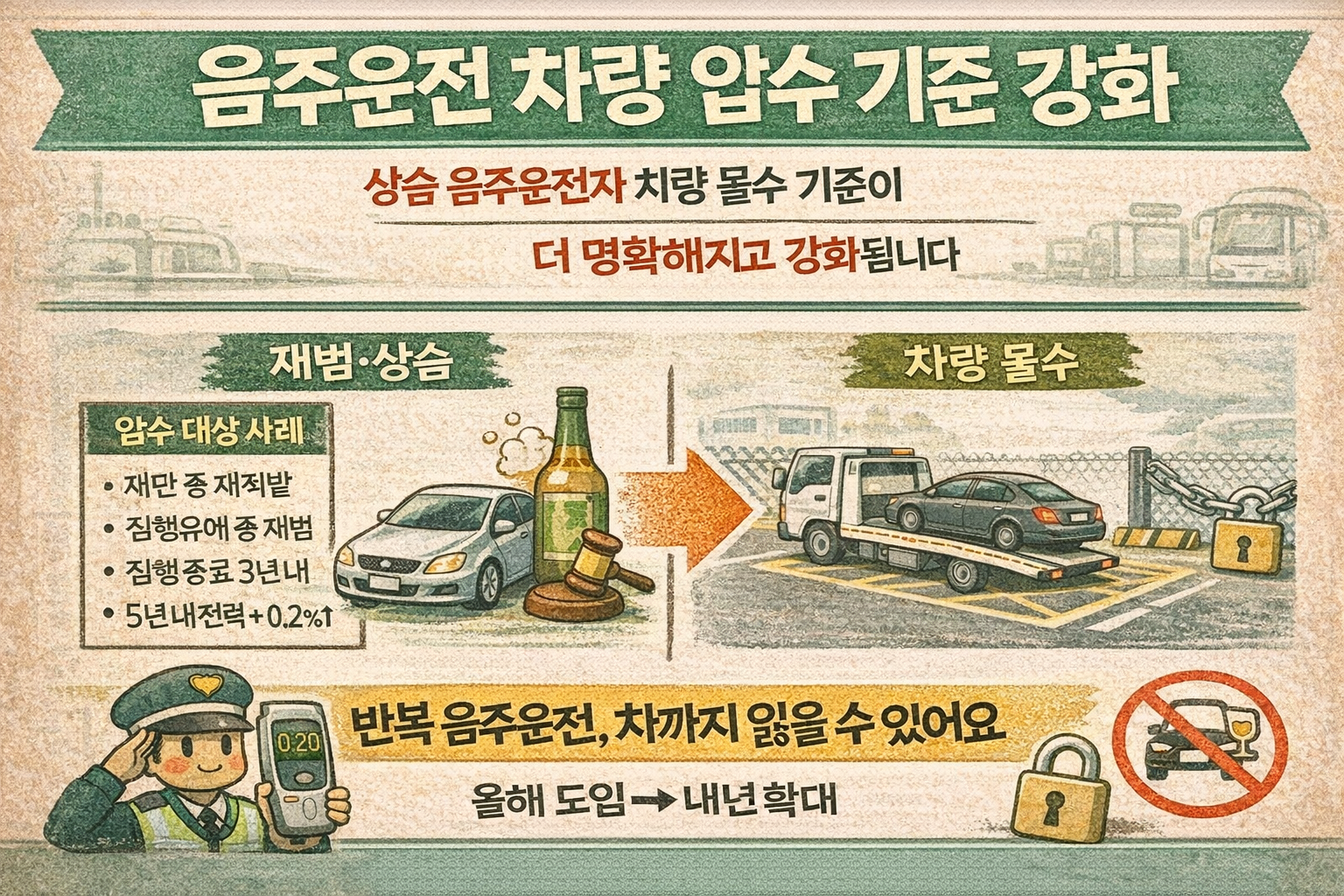 음주운전 차량 몰수 기준 강화: 재판·집행유예 중 재범부터 3년 이내 재적발, 5년 내 전력+혈중알코올농도 0.2%까지