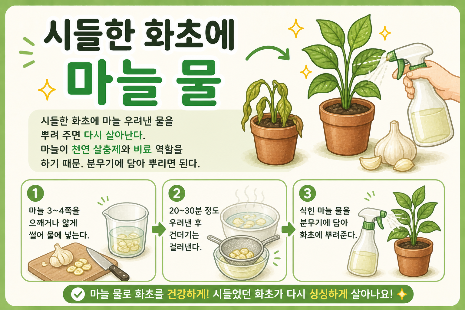 시들한 화초에 마늘 물 뿌리세요! 분무기 하나로 생기 되찾는 초간단 관리법