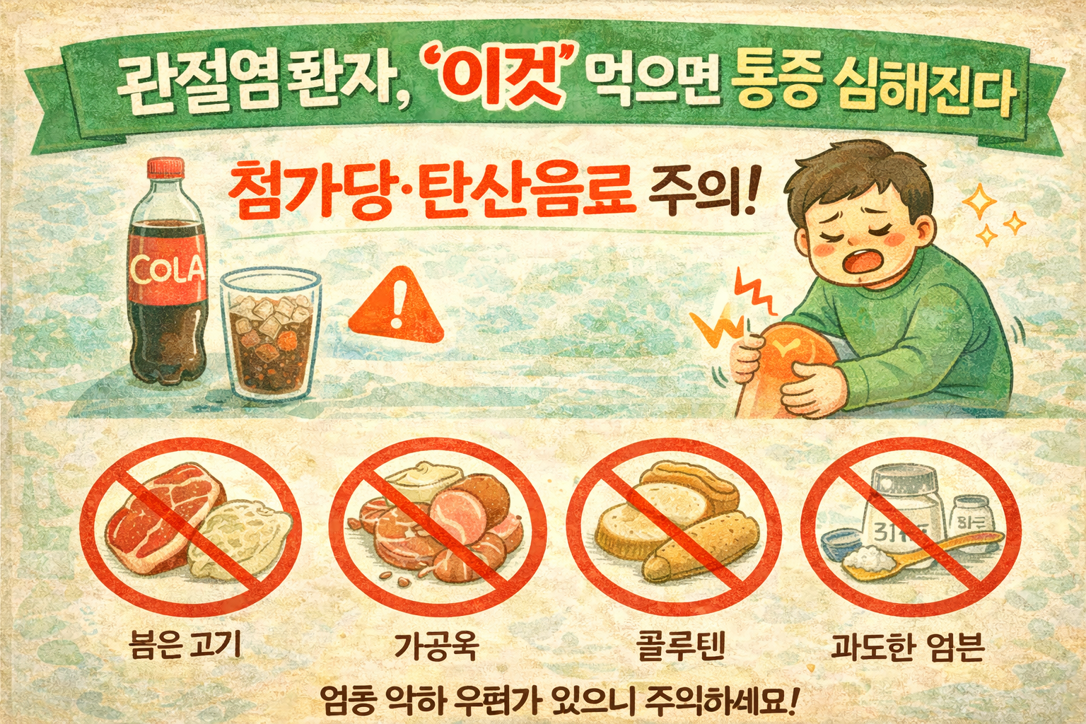 관절염 환자, ‘이것’ 먹으면 통증 심해진다! 첨가당·탄산음료 조심하세요