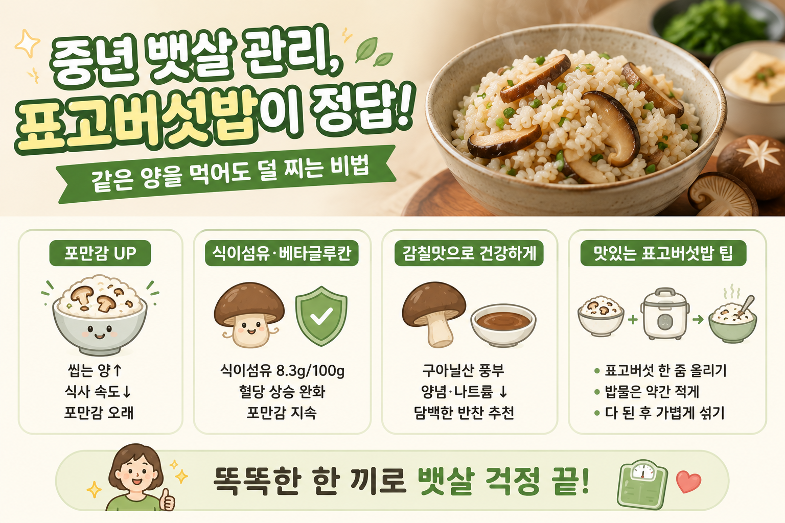 중년 뱃살 고민이라면 밥에 표고버섯 한 줌…포만감 높이고 탄수화물 줄인다