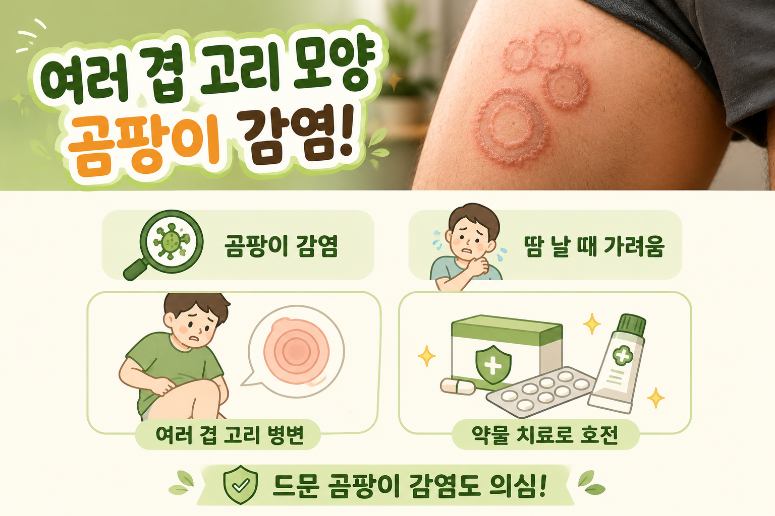 허벅지 안쪽 고리 모양 병변, 땀나면 더 가렵다면 윤상백선 의심