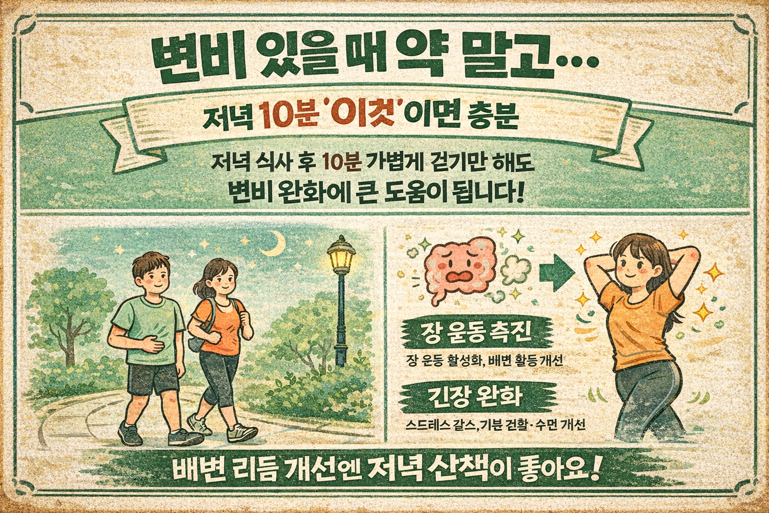 변비 있을 때 약 말고, 저녁 10분 걷기가 배변·복부 팽만 줄이는 이유