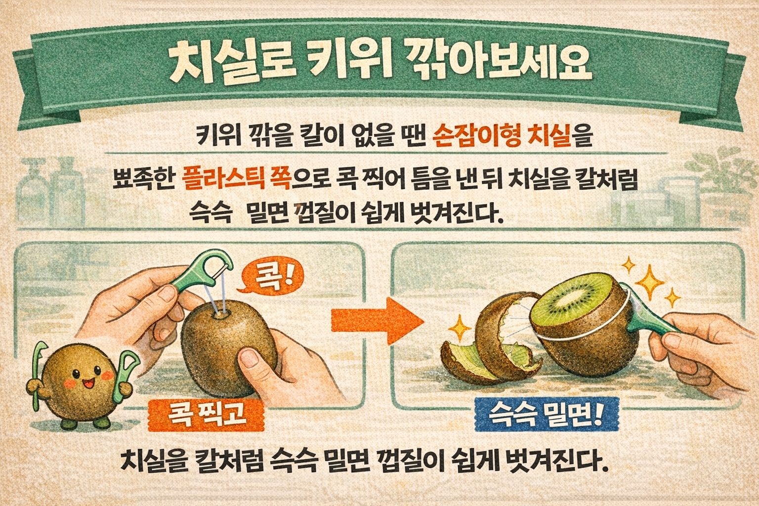 치실로 키위 깎기, 칼 없을 때 껍질 쉽게 벗기는 생활 꿀팁