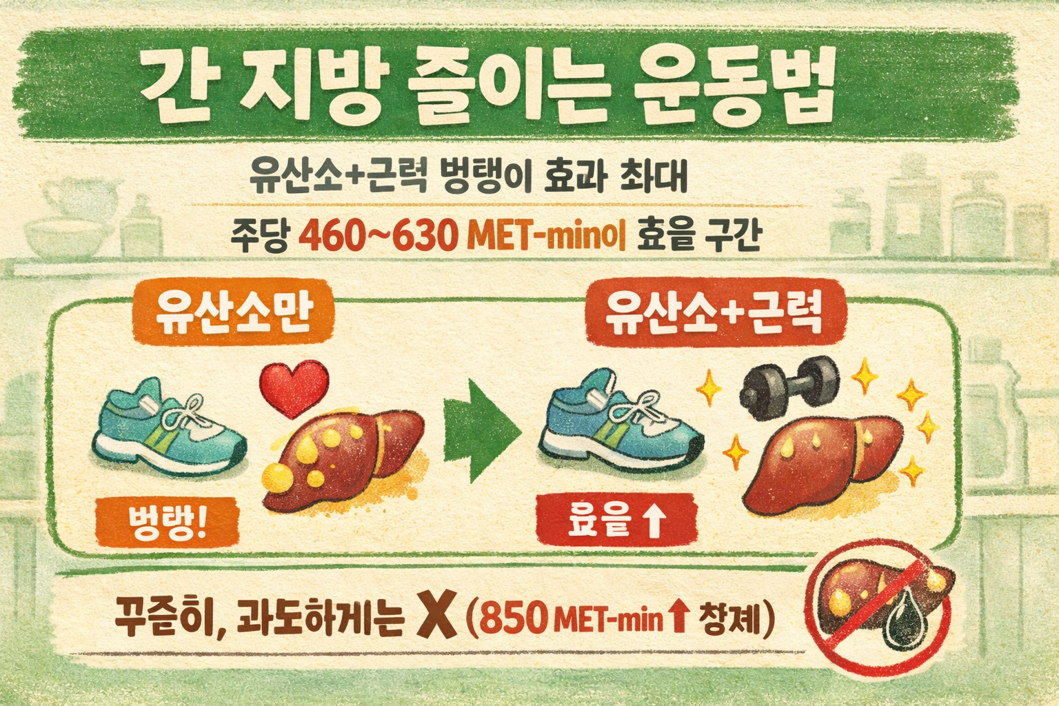 간 지방 빼려면 유산소만? 근력만? 정답은 ‘병행’…지방간(MASLD) 최적 운동량 460~630 MET-min