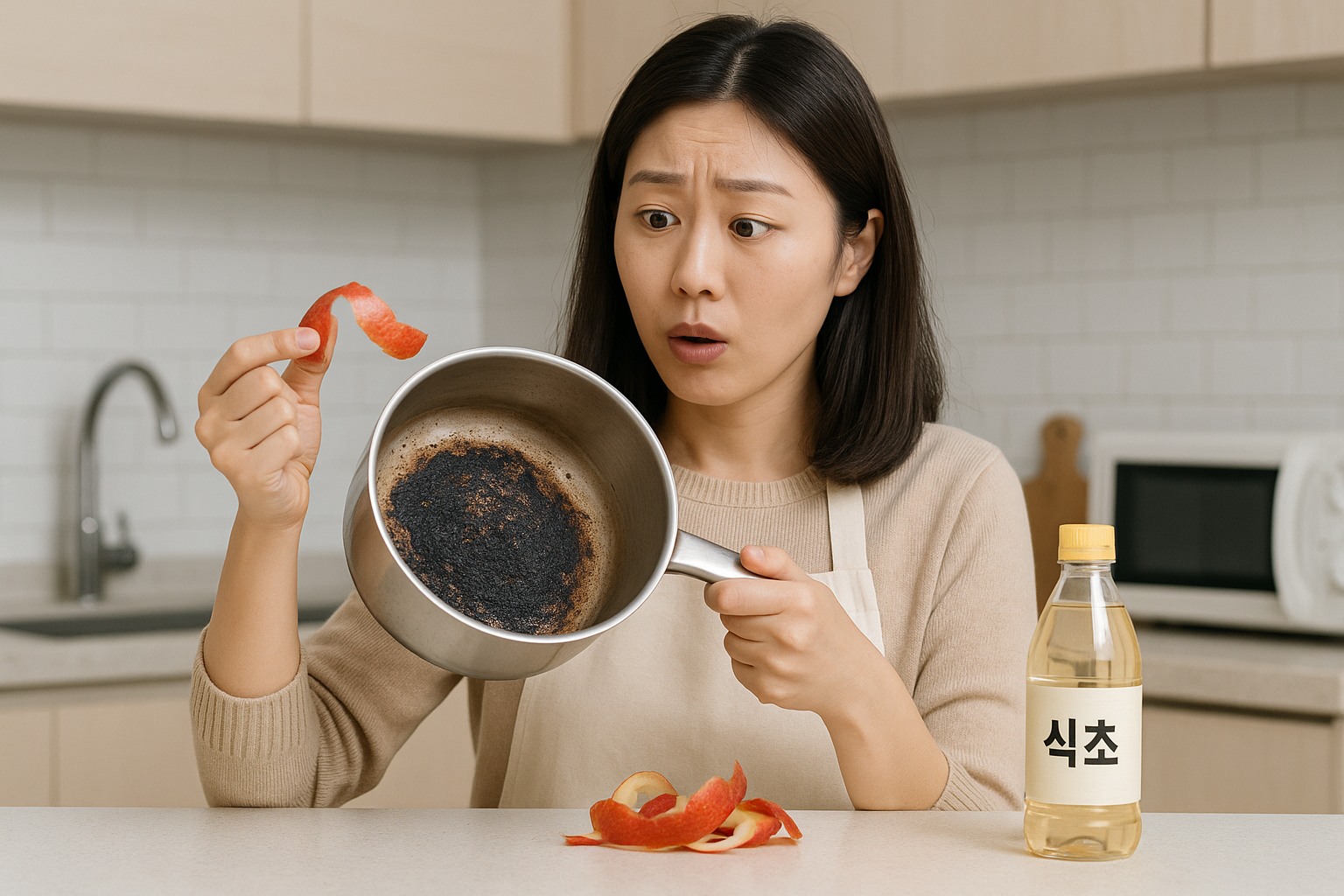 탄 냄비 세척 꿀팁: 사과 껍질+식초 5분 끓이기로 탄자국 싹 제거