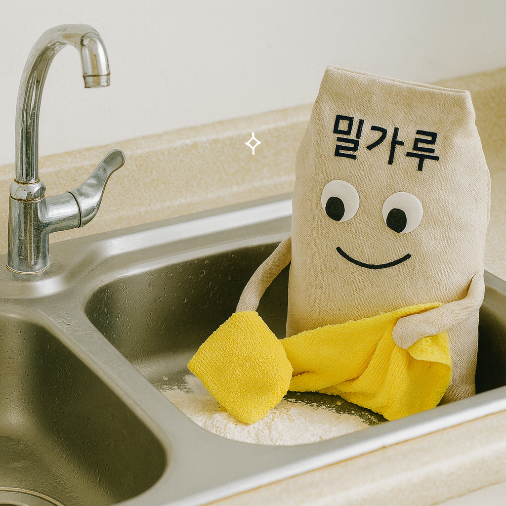 싱크대 청소 꿀팁: 밀가루 하나면 기름때 해결!