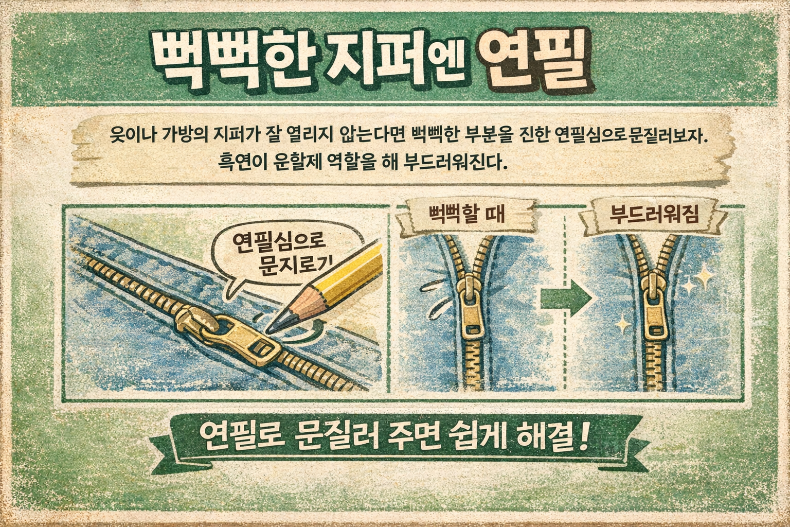 뻑뻑한 지퍼 억지로 당기지 마세요 연필로 문지르면 훨씬 부드럽게 열립니다