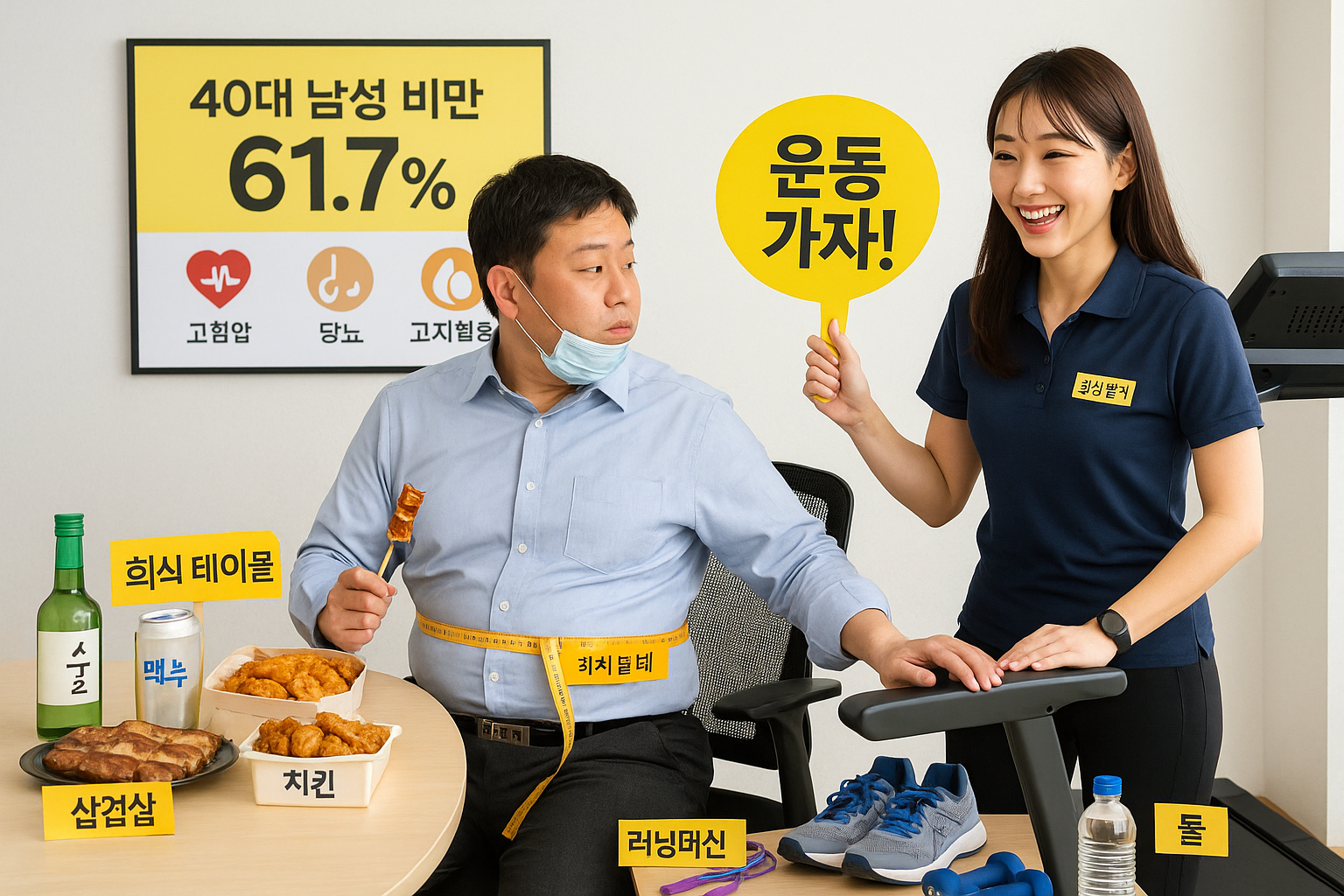 40대 남성 비만율 61.7%—운동 부족·회식 음주로 고혈압·당뇨·고지혈증 위험↑ (2024 국민건강영양조사)