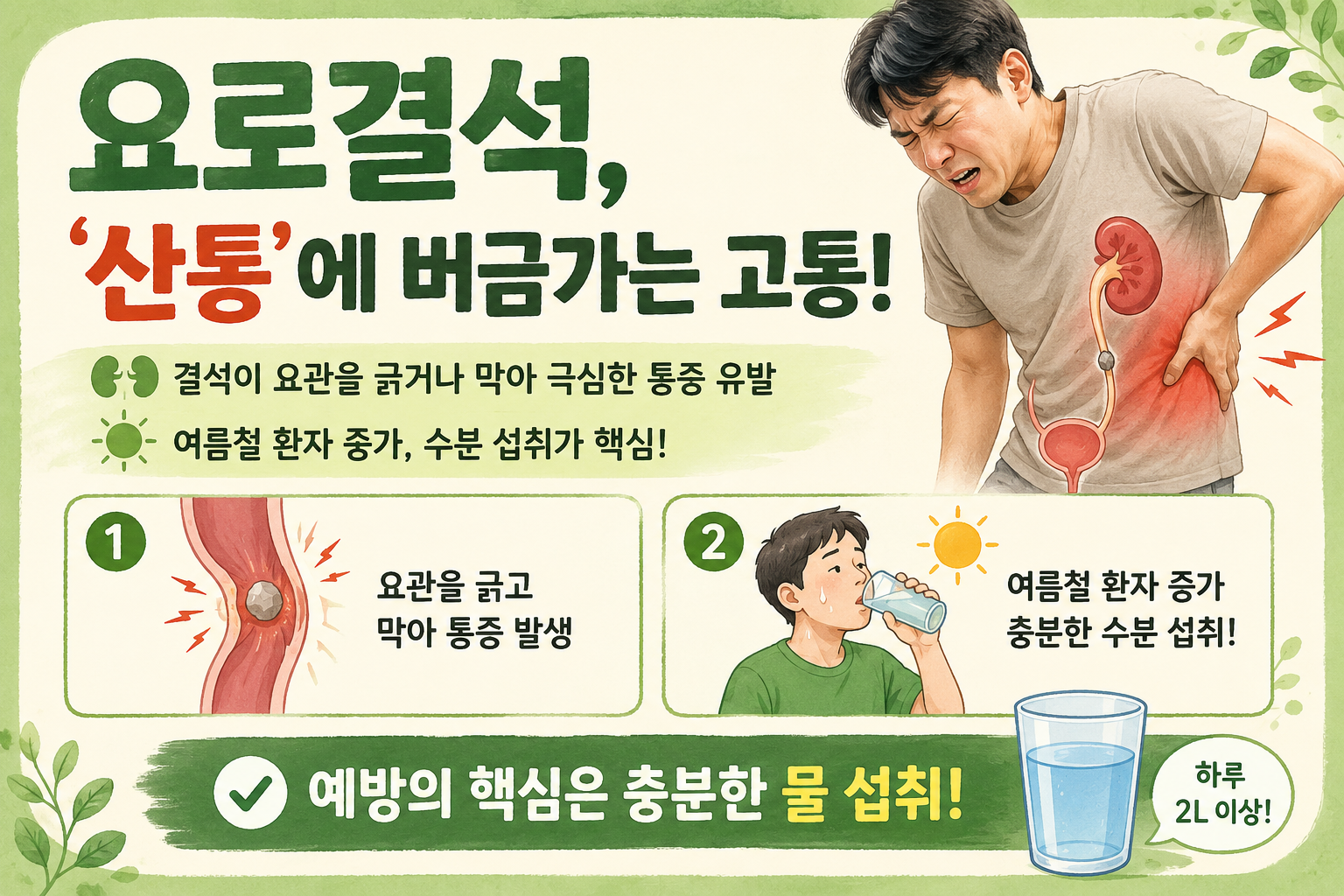 요로결석 산통 같은 옆구리 통증, 여름철 물 부족이 부르는 위험 신호