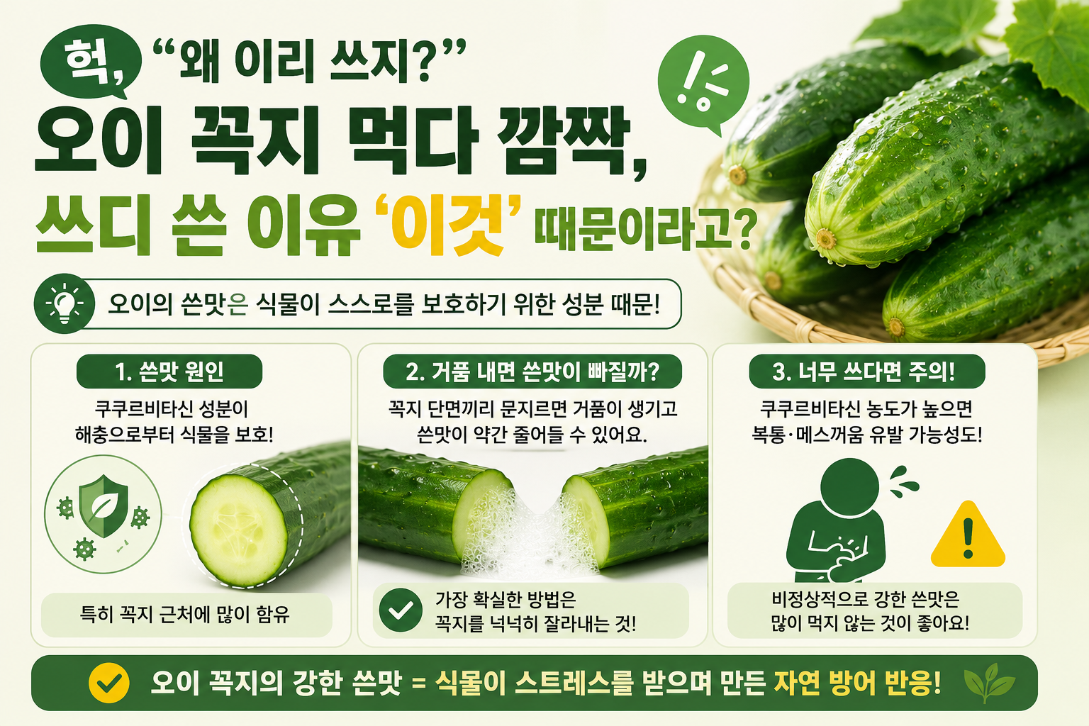 오이 꼭지가 쓰다면 먹어도 될까? 쓴맛 원인 쿠쿠르비타신과 안전한 대처법