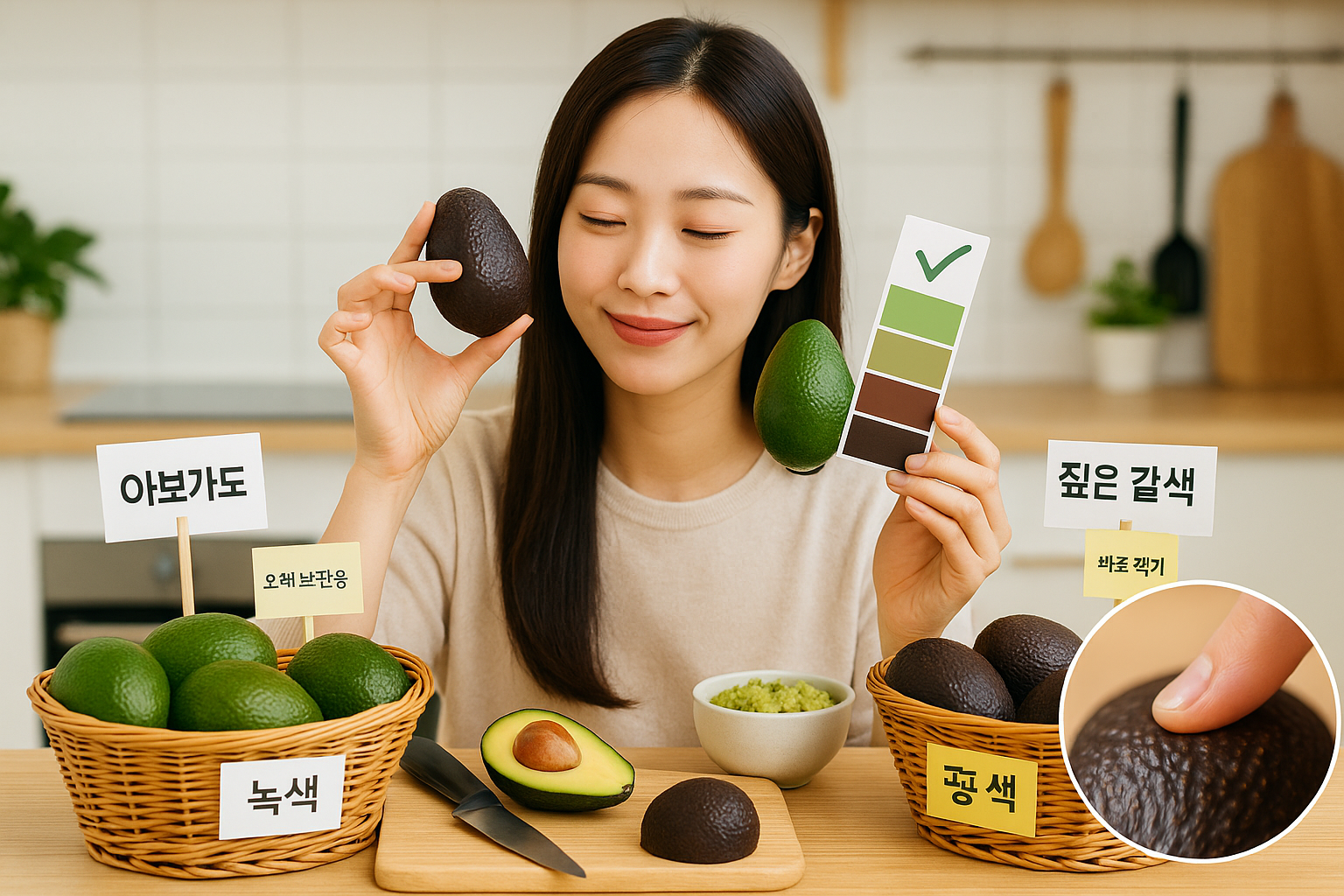 아보카도 고르는 법: 색깔·촉감으로 익음 확인(갈색=즉시, 녹색=보관)