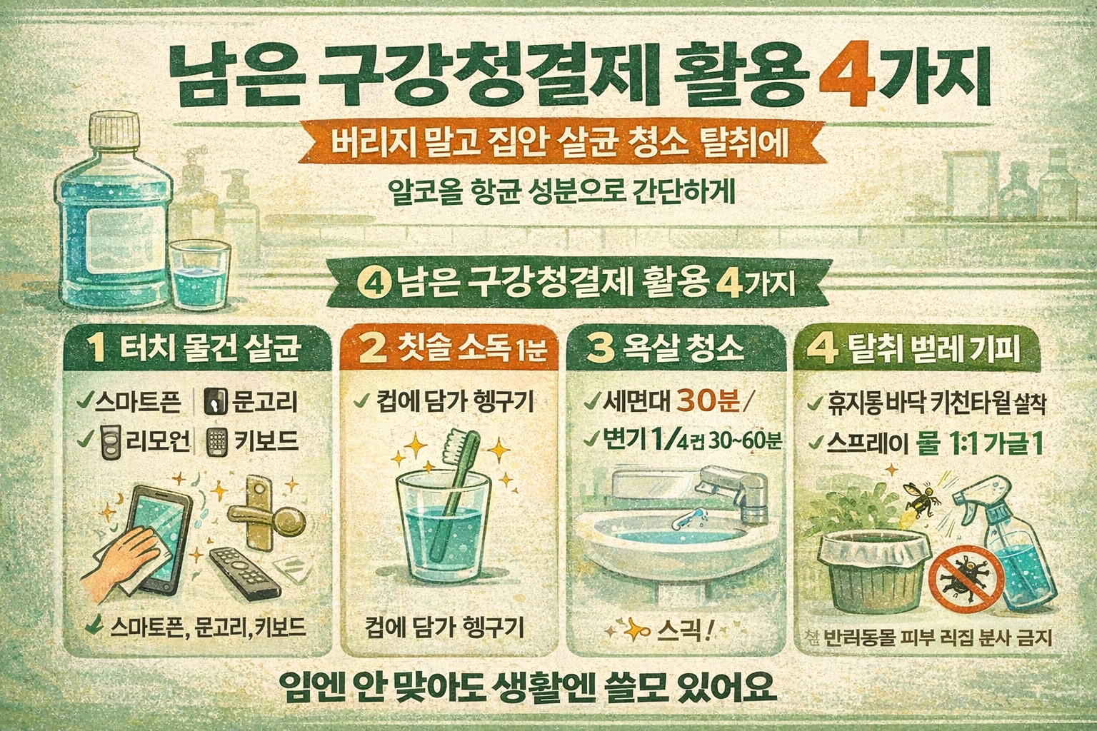 안 쓰는 구강청결제 활용법 4가지: 살균·욕실청소·휴지통 탈취·벌레퇴치까지(버리지 마세요)