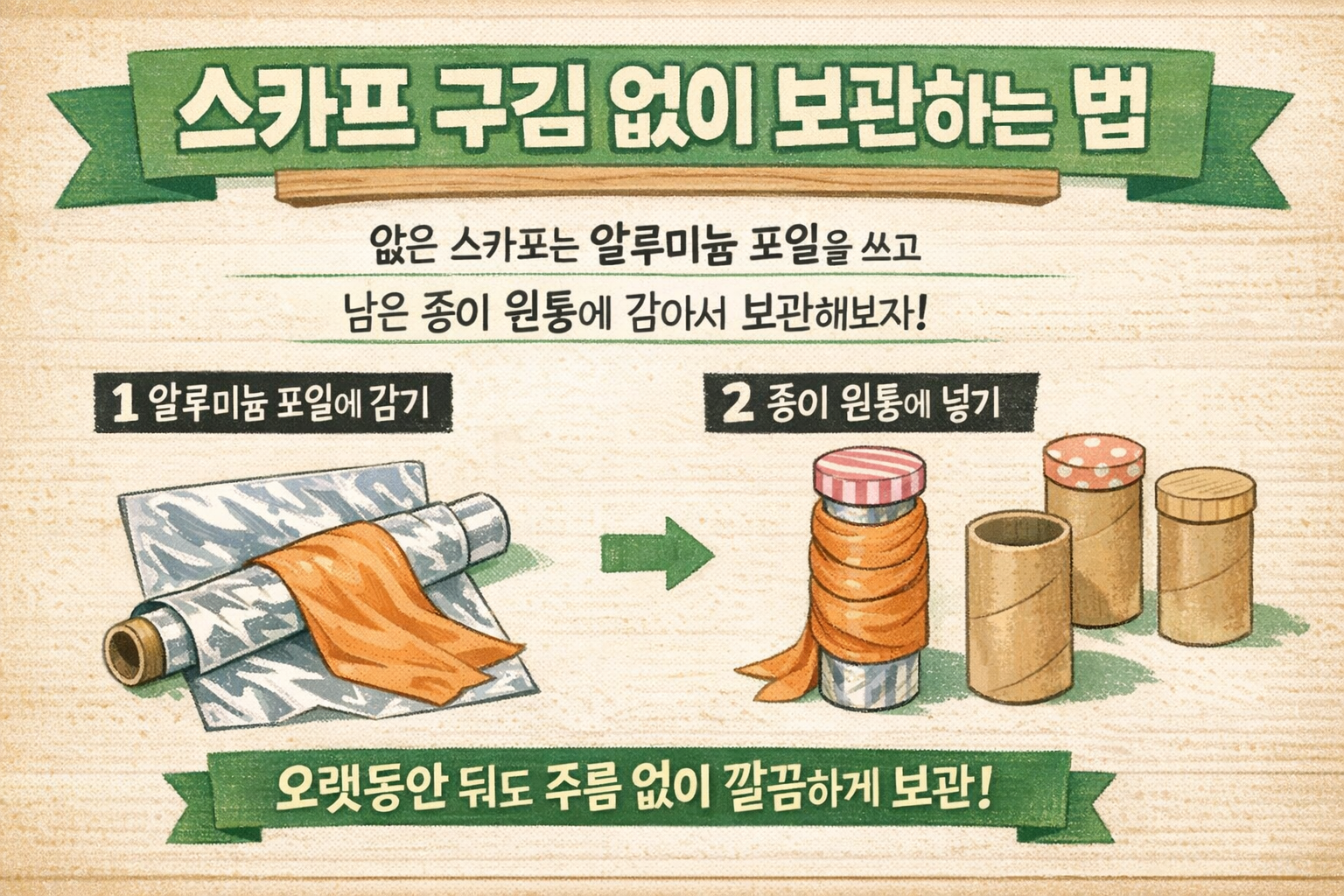 스카프 구김 없이 보관하는 법, 얇은 스카프는 종이 원통에 감아두세요