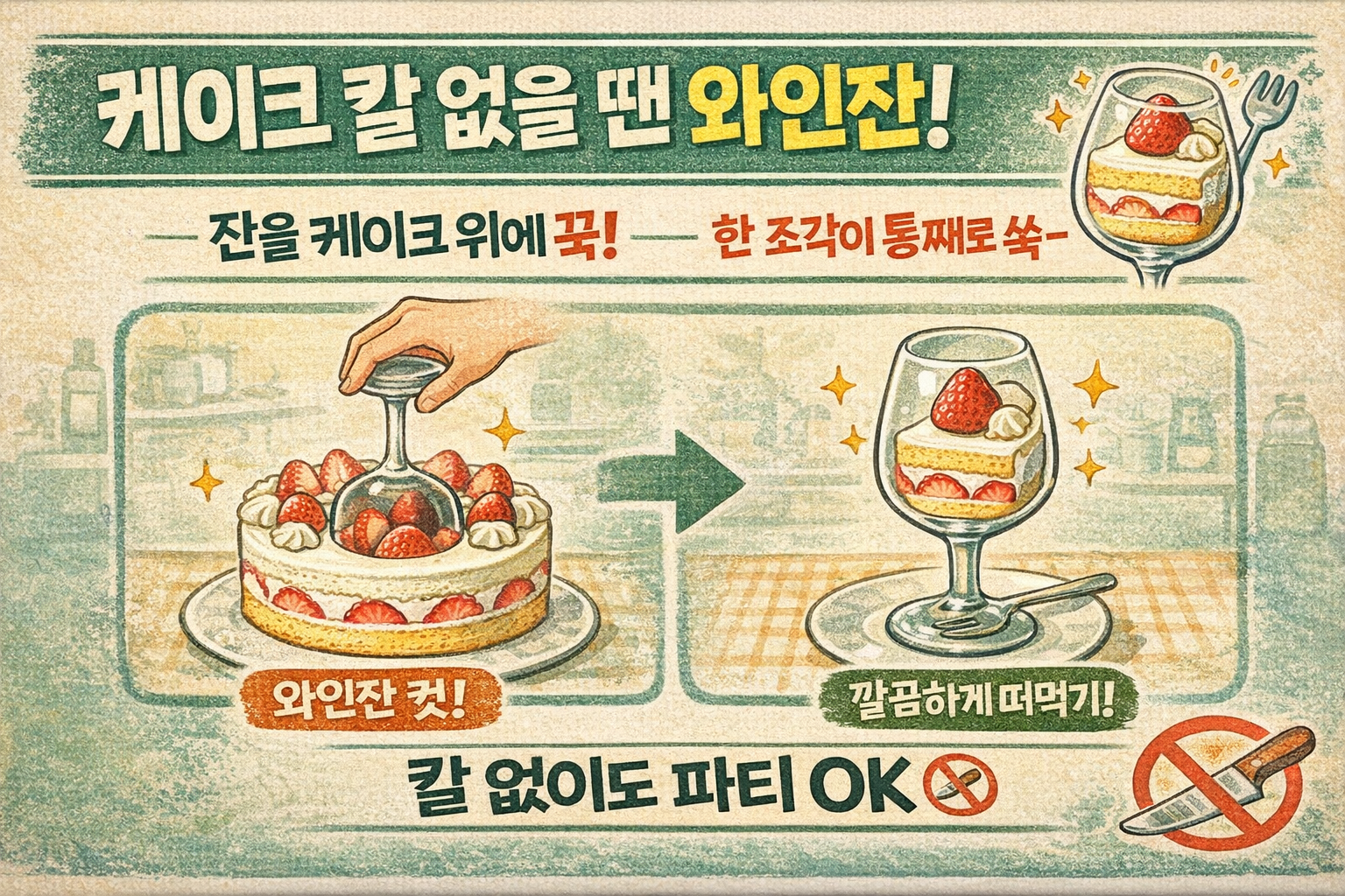 케이크 칼 없을 때 꿀팁! 와인잔으로 한 번에 깔끔하게 자르는 방법