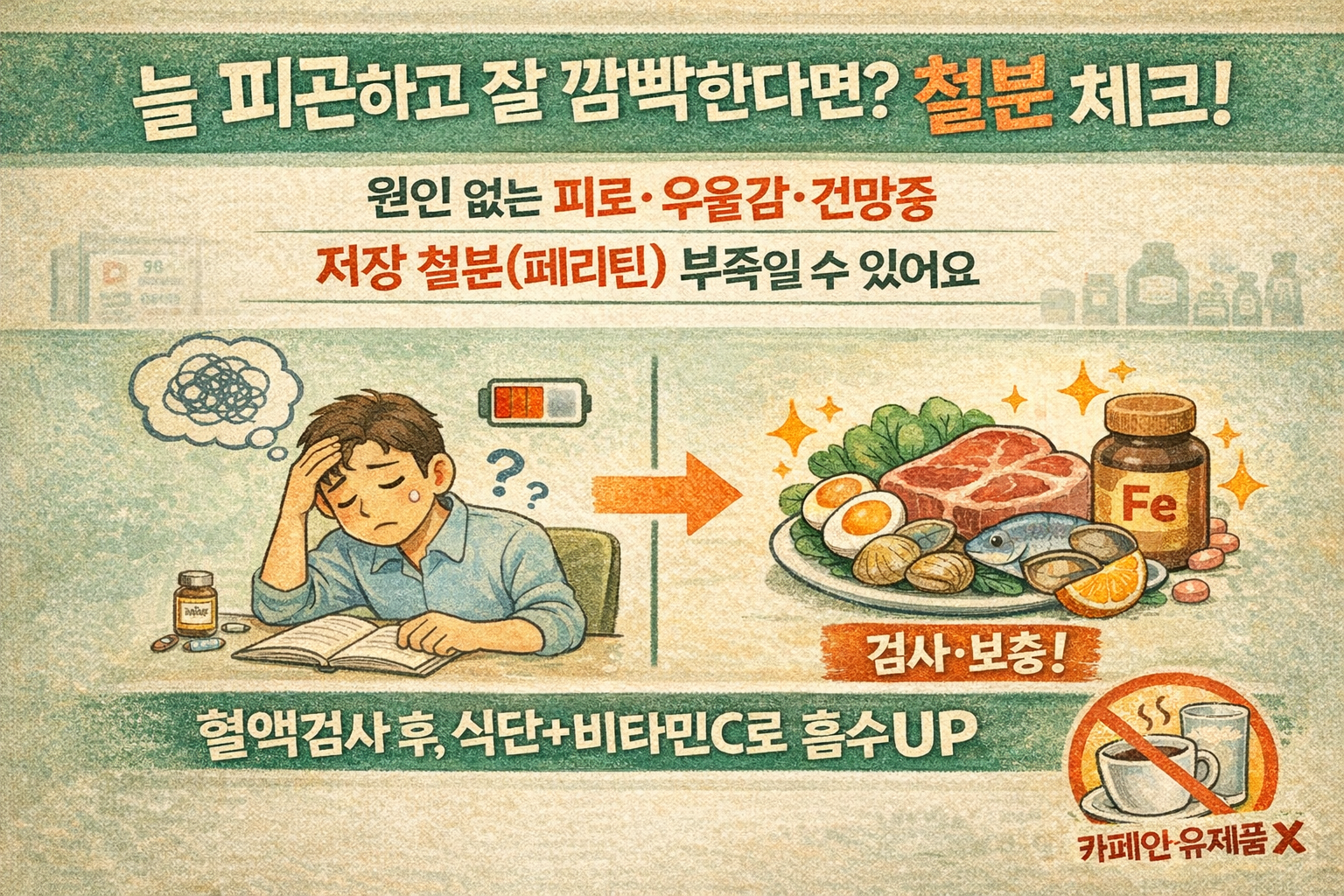 늘 피곤하고 잘 깜빡한다면? ‘철분 부족’ 신호부터 체크(저장철·빈혈·흡수법)