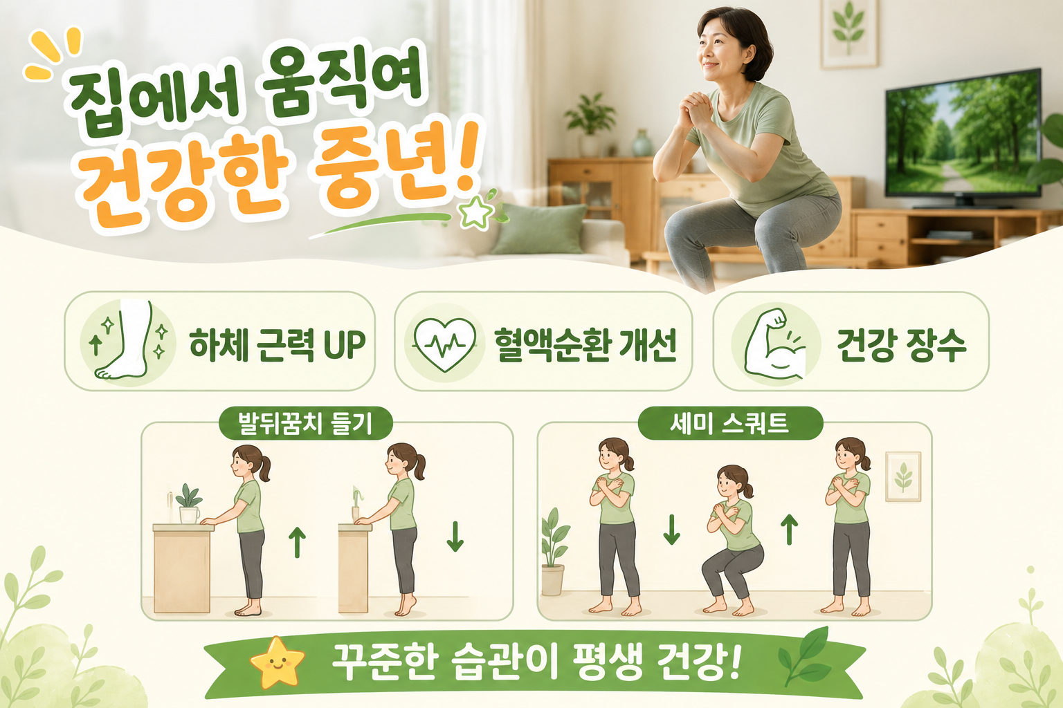 중년 하체 운동 집에서 이것만 해도 충분하다? 발뒤꿈치 들기와 세미 스쿼트 효과