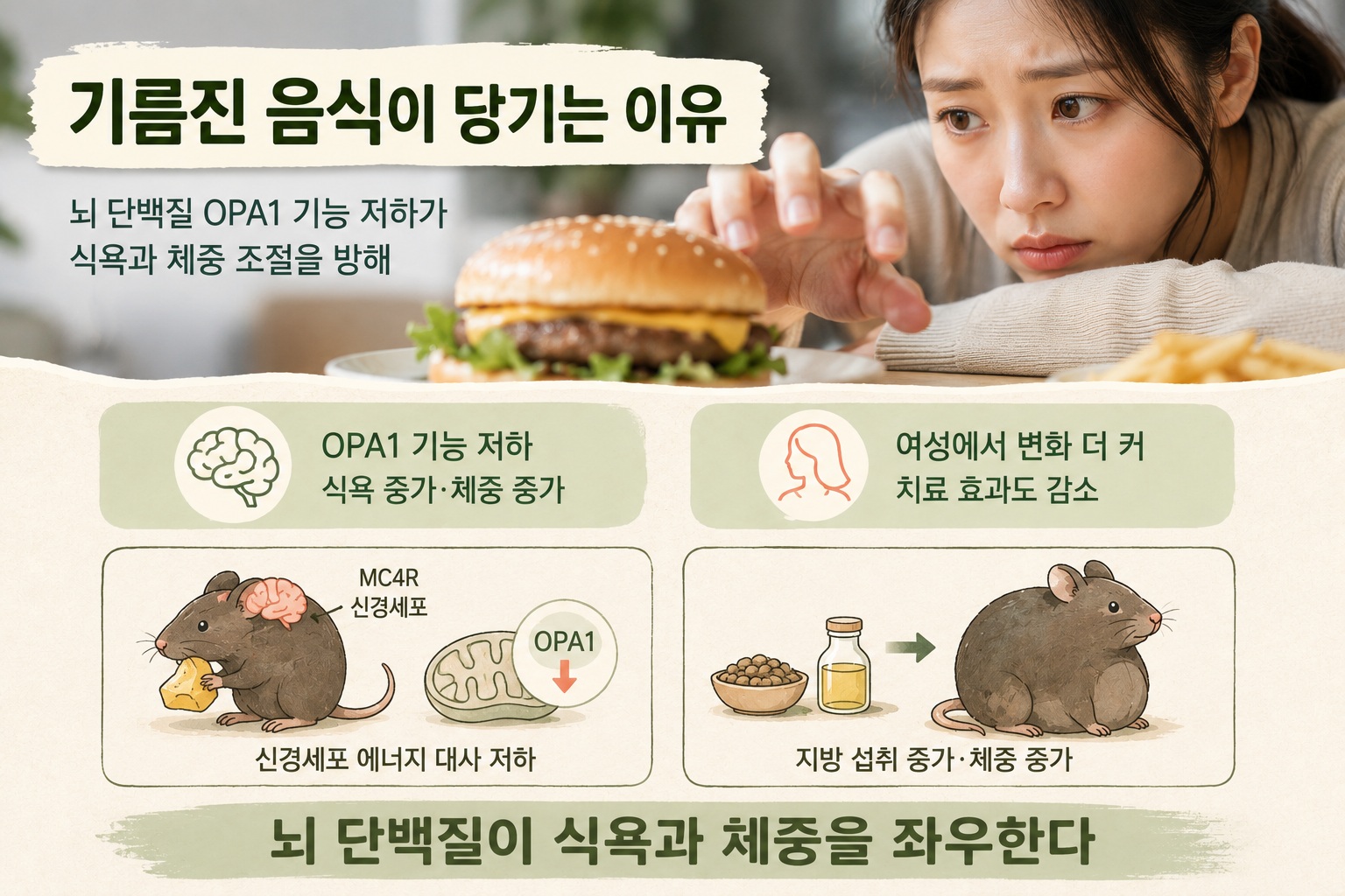 기름진 음식 섭취와 식욕을 조절하는 뇌 시상하부의 OPA1 단백질 작용을 표현한 모습
