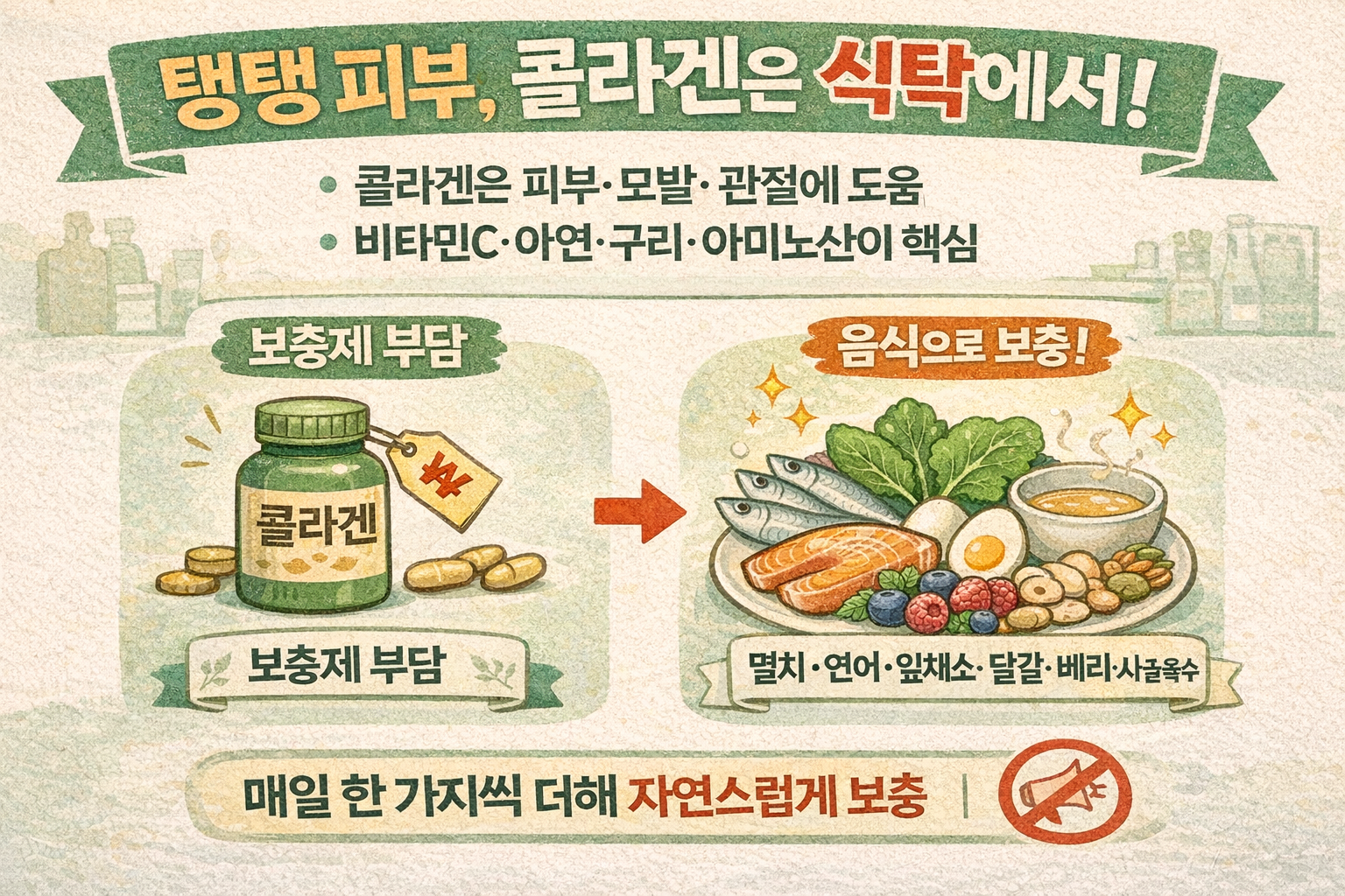 콜라겐 영양제 부담될 때, 피부 탄력 올리는 음식 9가지: 생선·잎채소·달걀·베리·사골육수·콩·귀리·조개·견과