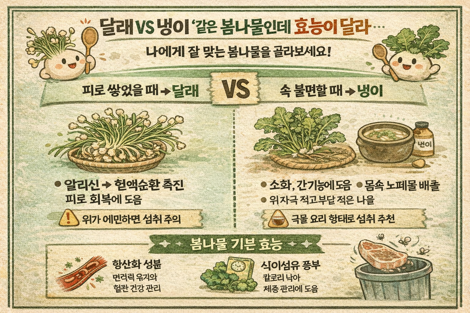 달래 vs 냉이, 피로엔 달래 소화엔 냉이? 내 몸에 맞는 봄나물 고르는 법