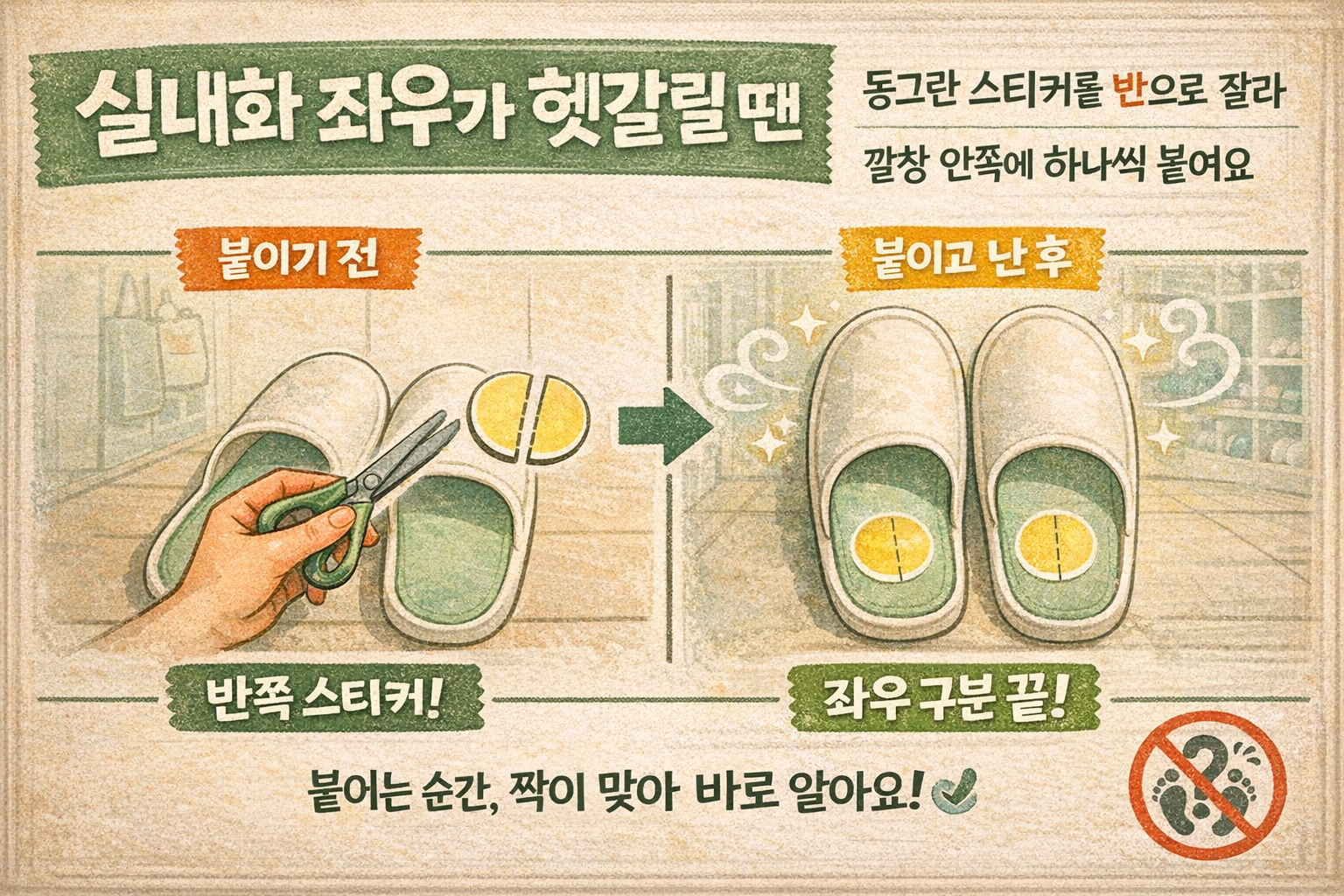 실내화 좌우 헷갈림 해결! 동그란 스티커 반쪽으로 깔창 표시하는 초간단 방법