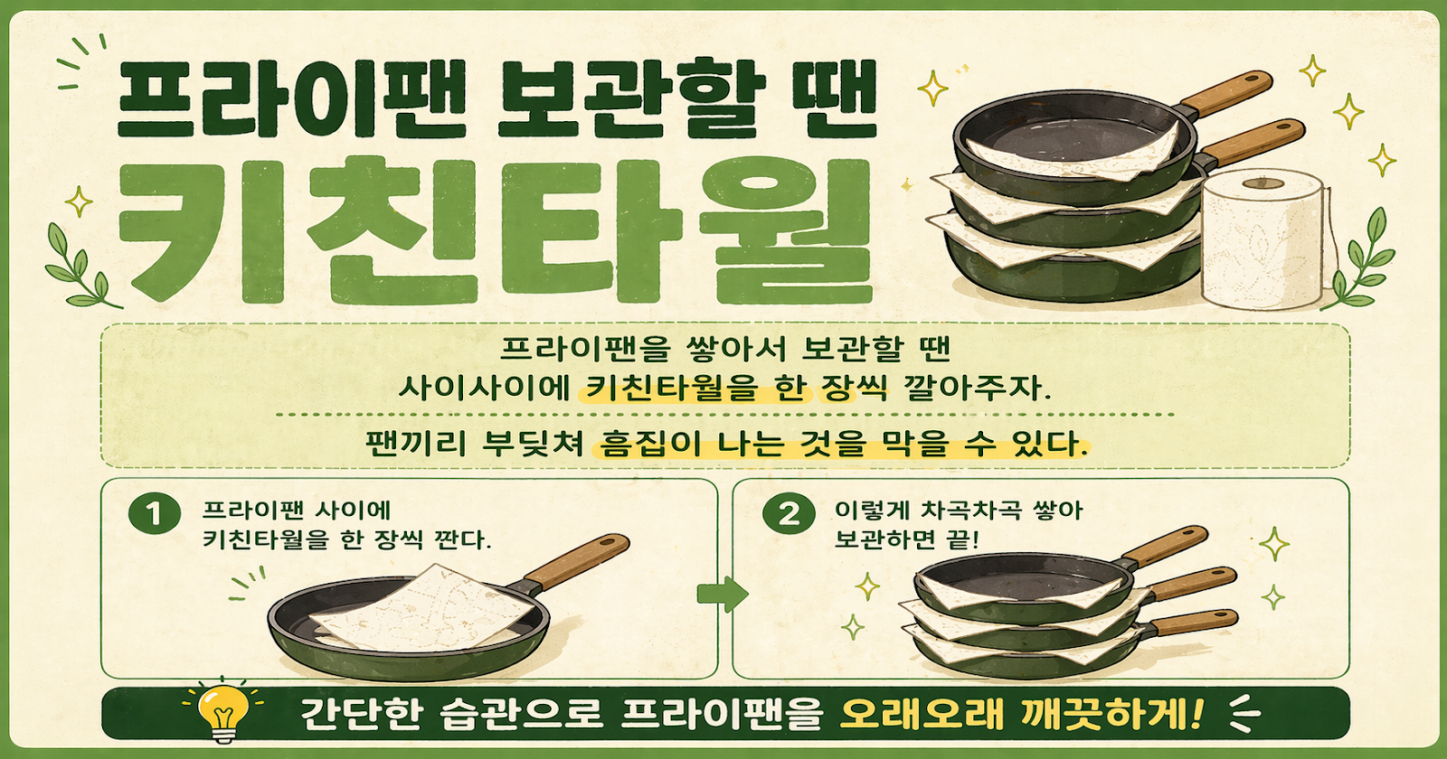 프라이팬 쌓아 보관한다면? 키친타월 한 장으로 흠집 막는 꿀팁
