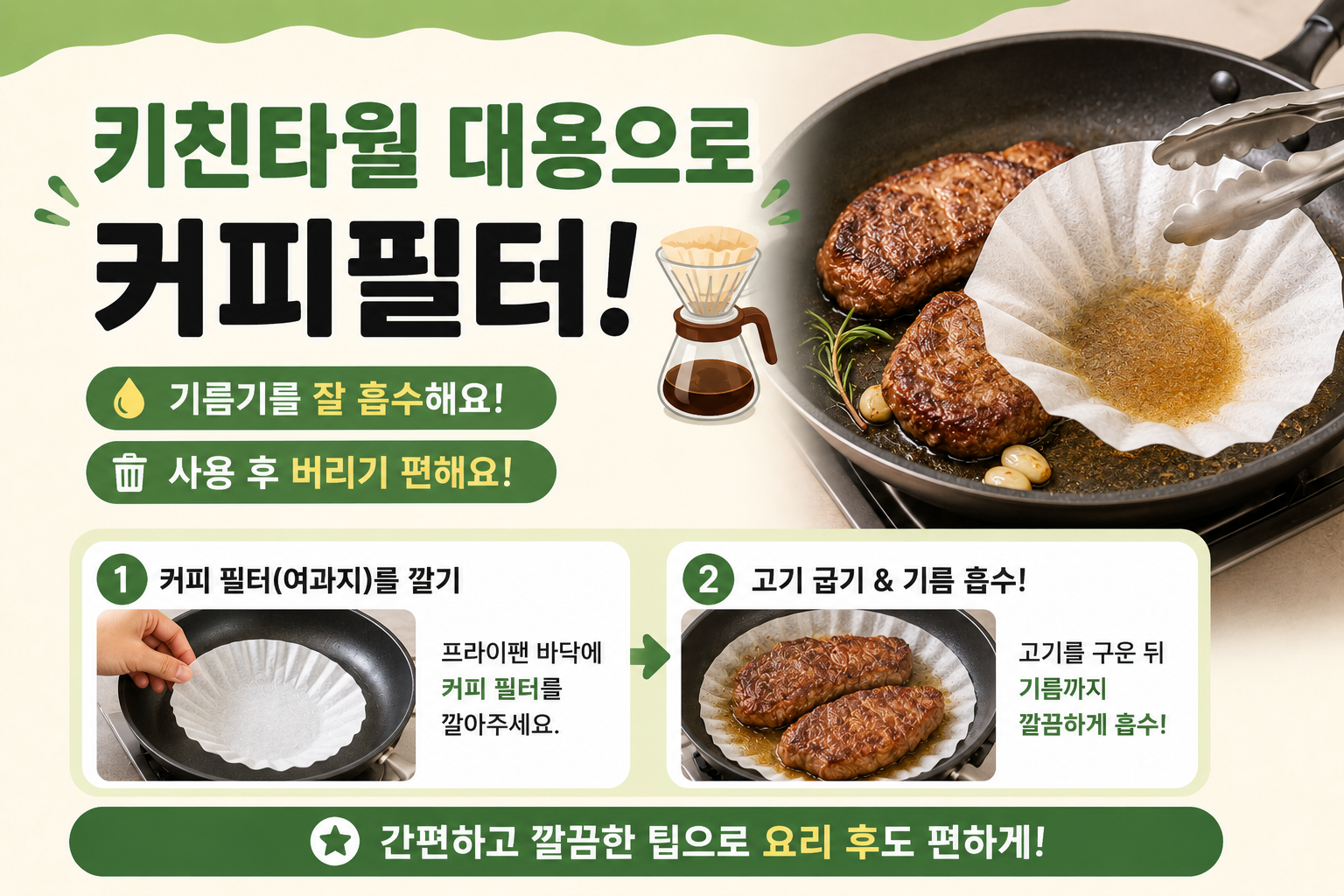 키친타월 없을 때 딱, 커피 필터로 고기 기름기 깔끔하게 빼는 법