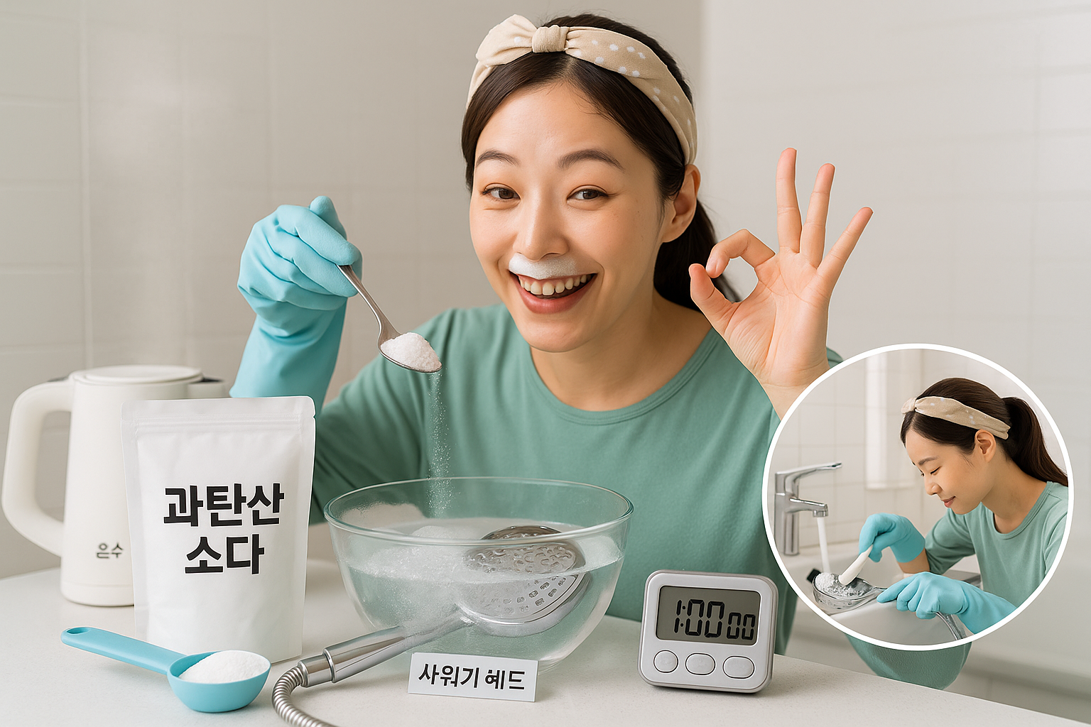 샤워기 청소 방법: 과탄산소다 2~3스푼, 1시간 담그고 솔질로 끝