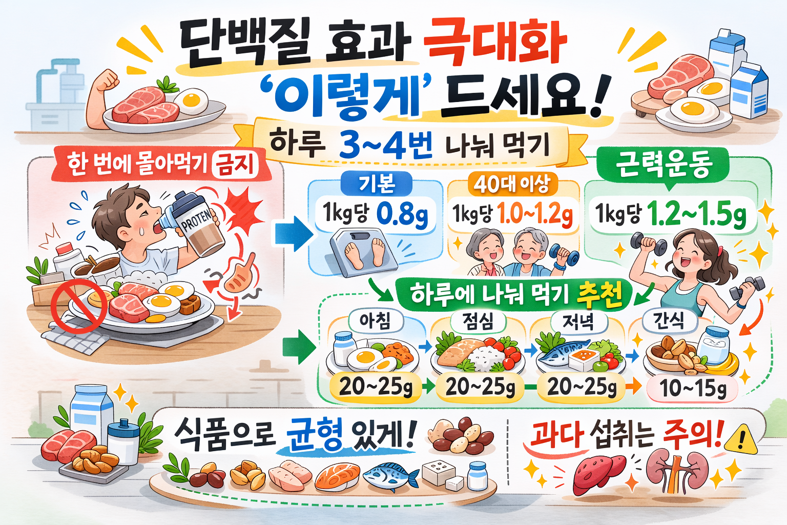 단백질 권장량 계산법: 체중×1.2g, 하루 3끼로 나눠 먹어야 효과 커집니다
