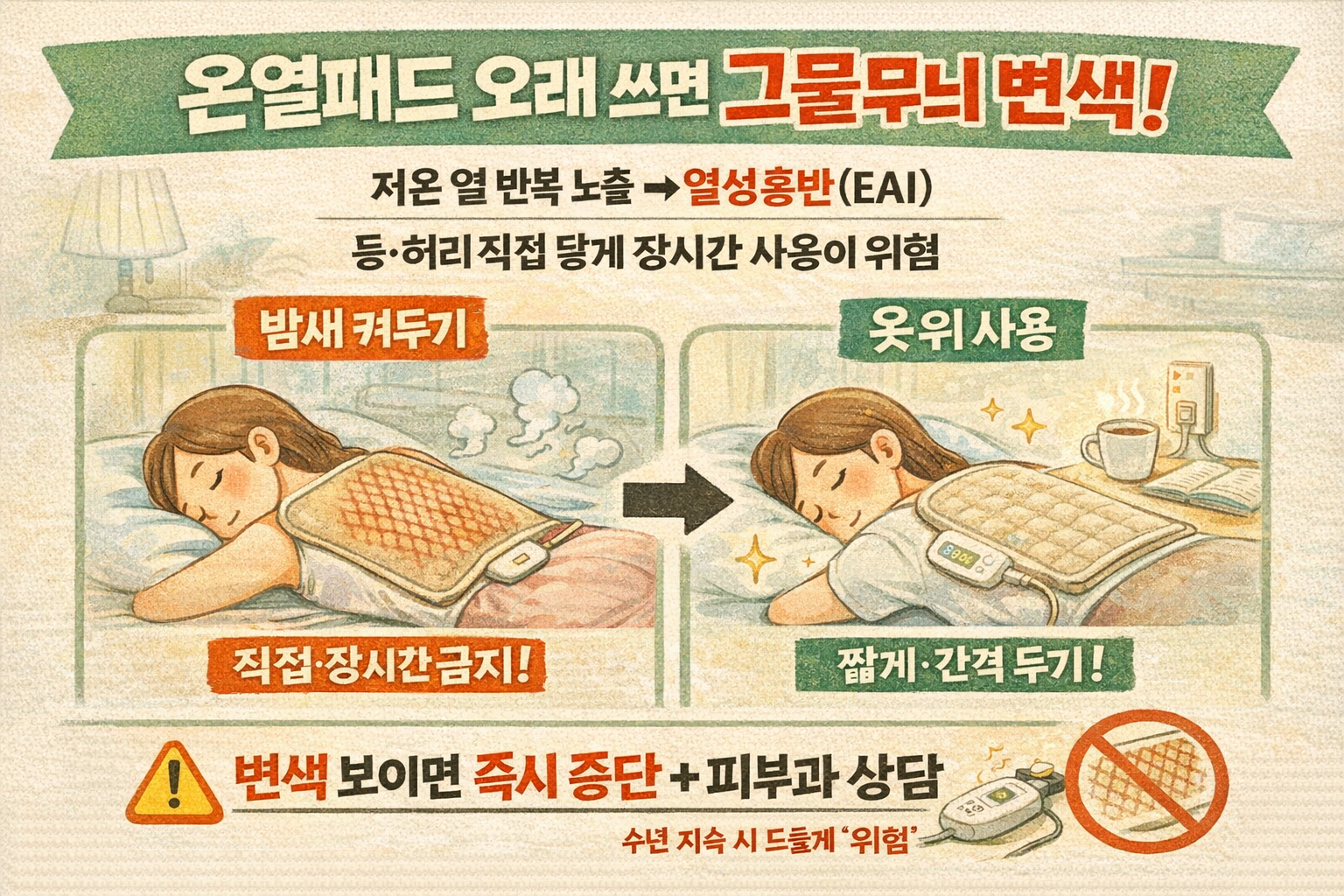 온열패드 오래 쓰다 등에 ‘그물 모양 변색’? 저온 화상 ‘열성홍반’ 원인·예방법·병원 가야 할 신호