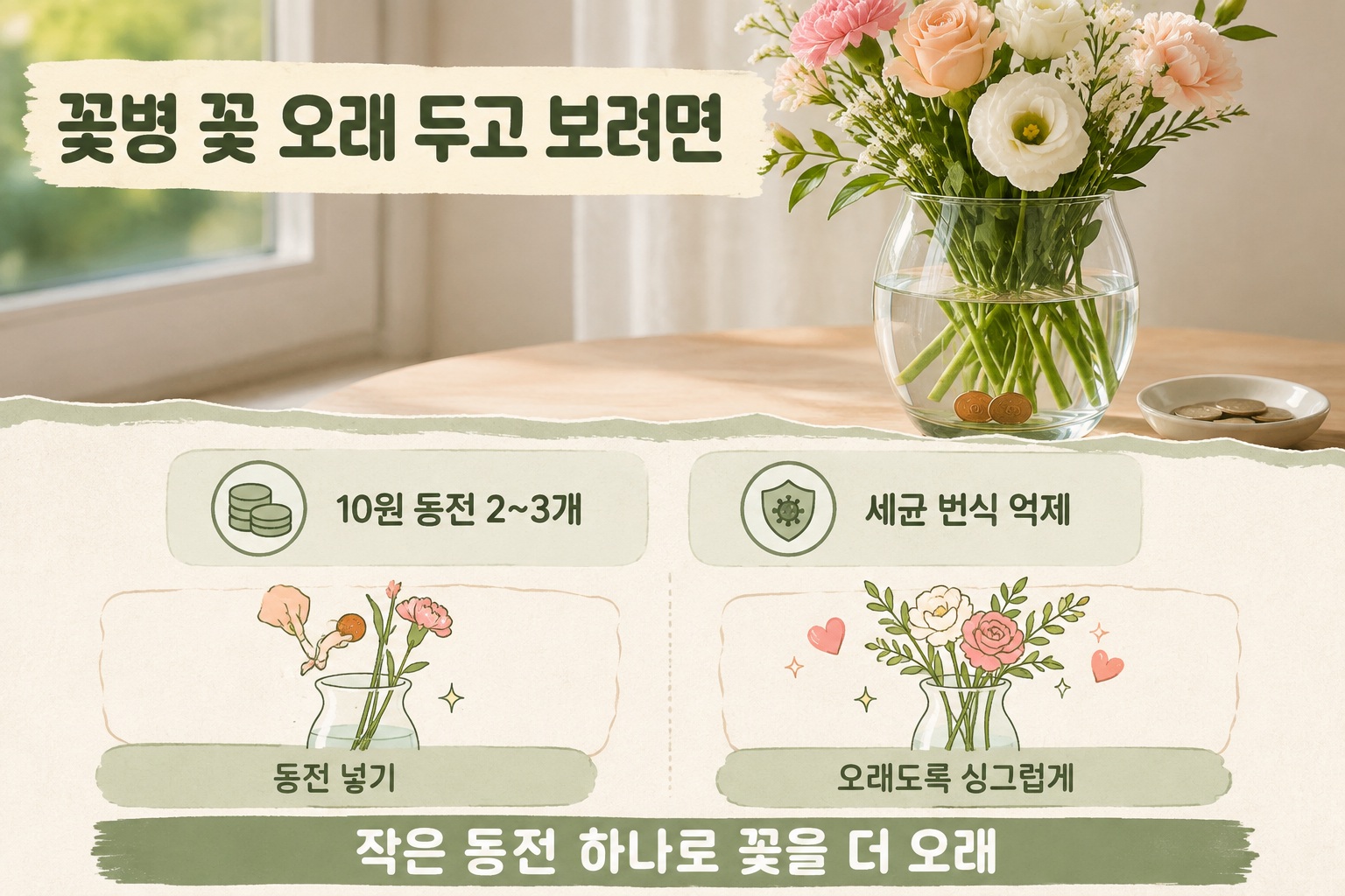 꽃 오래 보관하는 법, 꽃병에 10원 동전 2~3개 넣는 이유