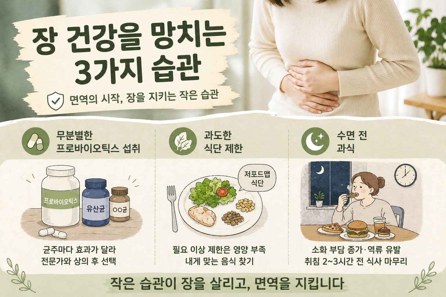 장 건강에 안 좋은 습관 3가지, 프로바이오틱스·저포드맵·수면 전 과식도 주의