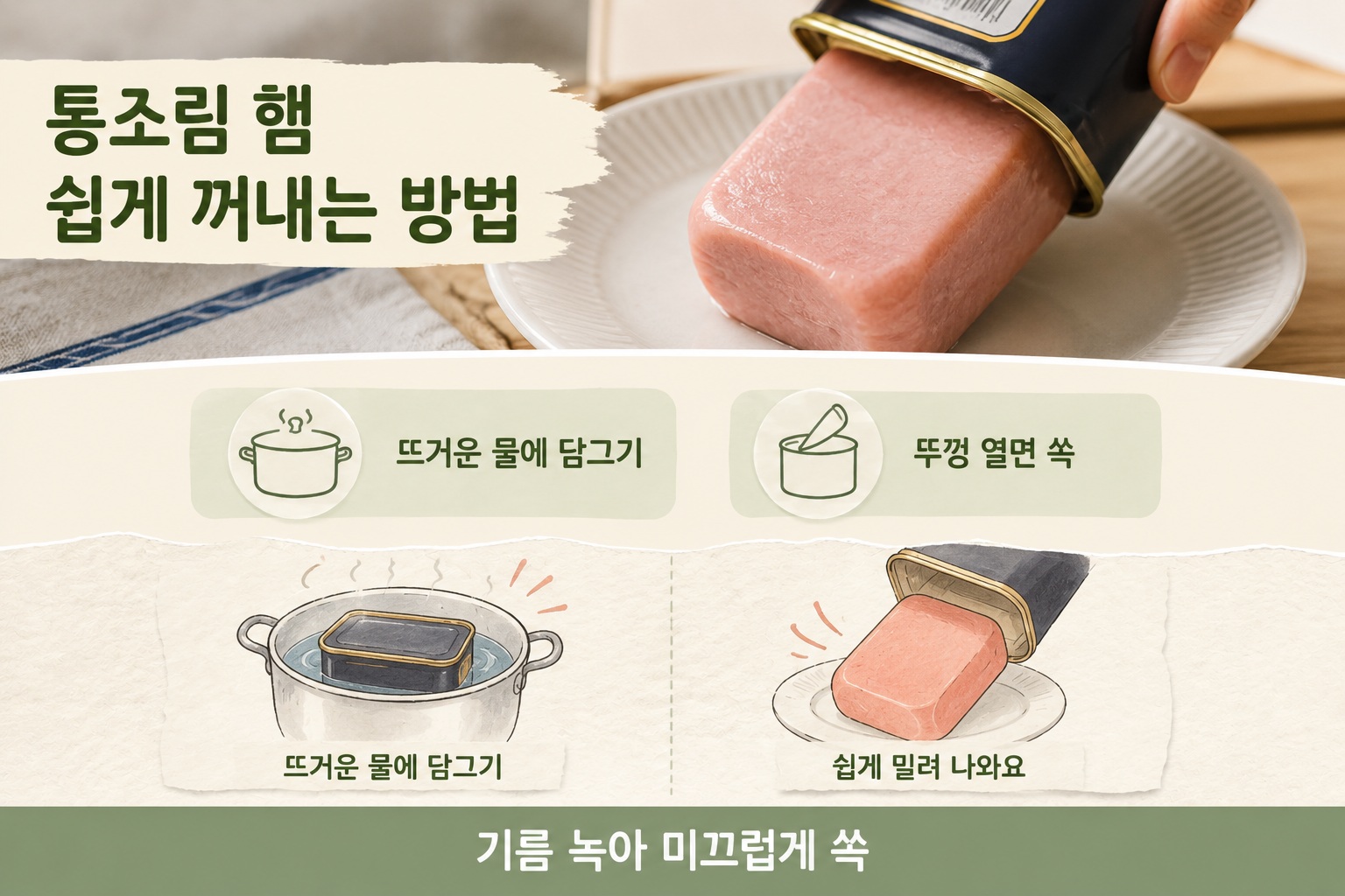 통조림 햄 쉽게 꺼내는 방법, 뜨거운 물에 잠깐 담그면 쏙 빠지는 이유