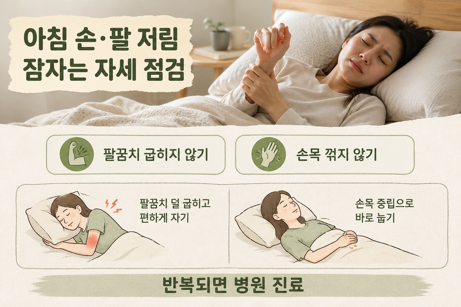 아침 손 저림 원인, 팔꿈치와 손목 신경을 누르는 수면 자세 2가지