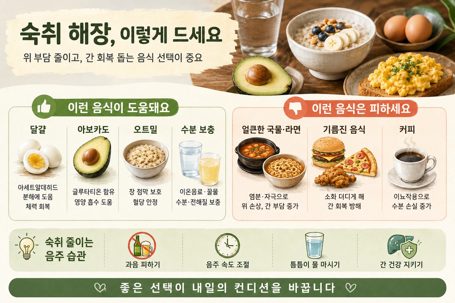 숙취 해소 음식, 해장국보다 달걀·오트밀이 나은 이유와 피해야 할 음식