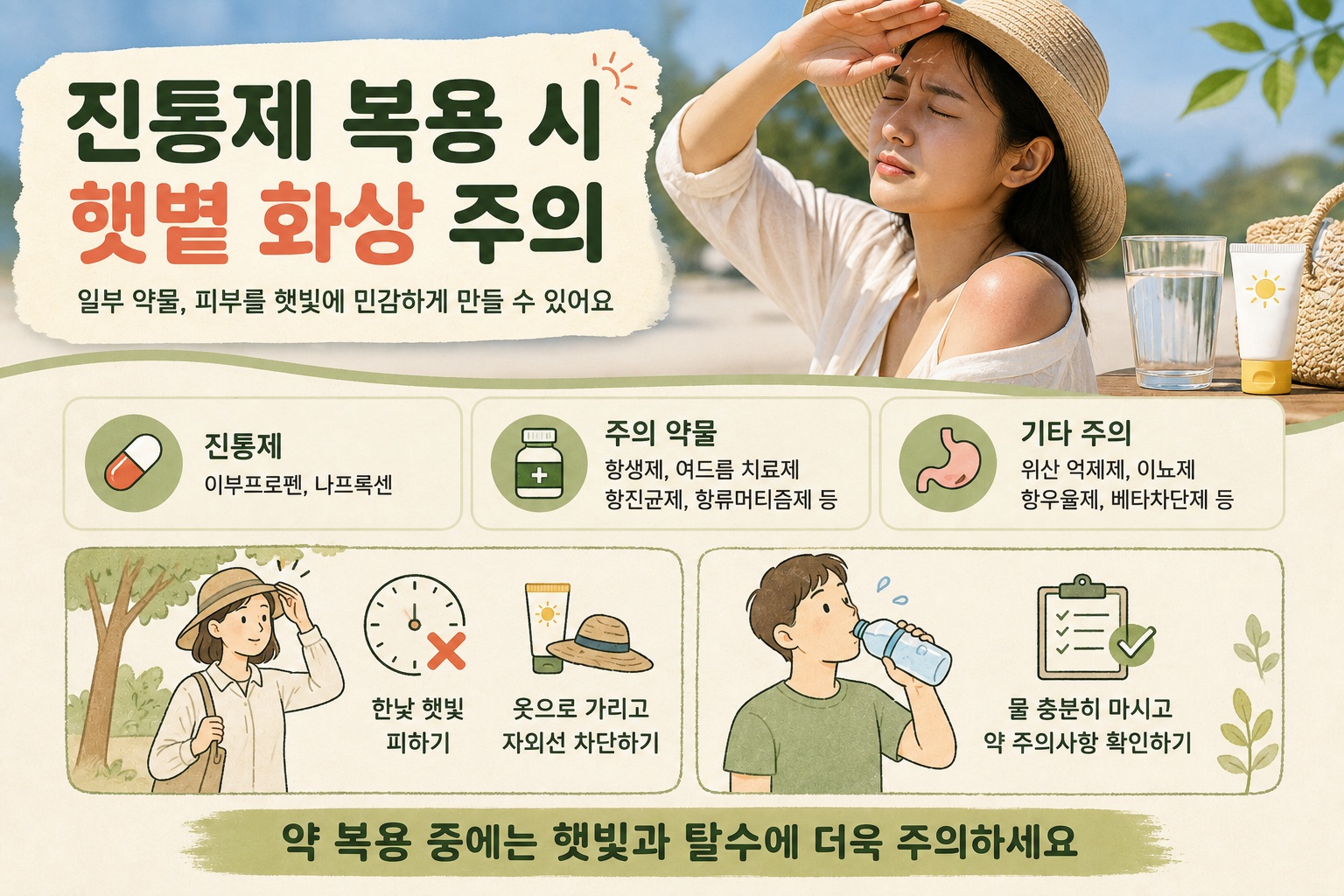 강한 햇빛에 노출돼 붉어진 팔 피부 옆에 놓인 이부프로펜 진통제와 자외선 차단제