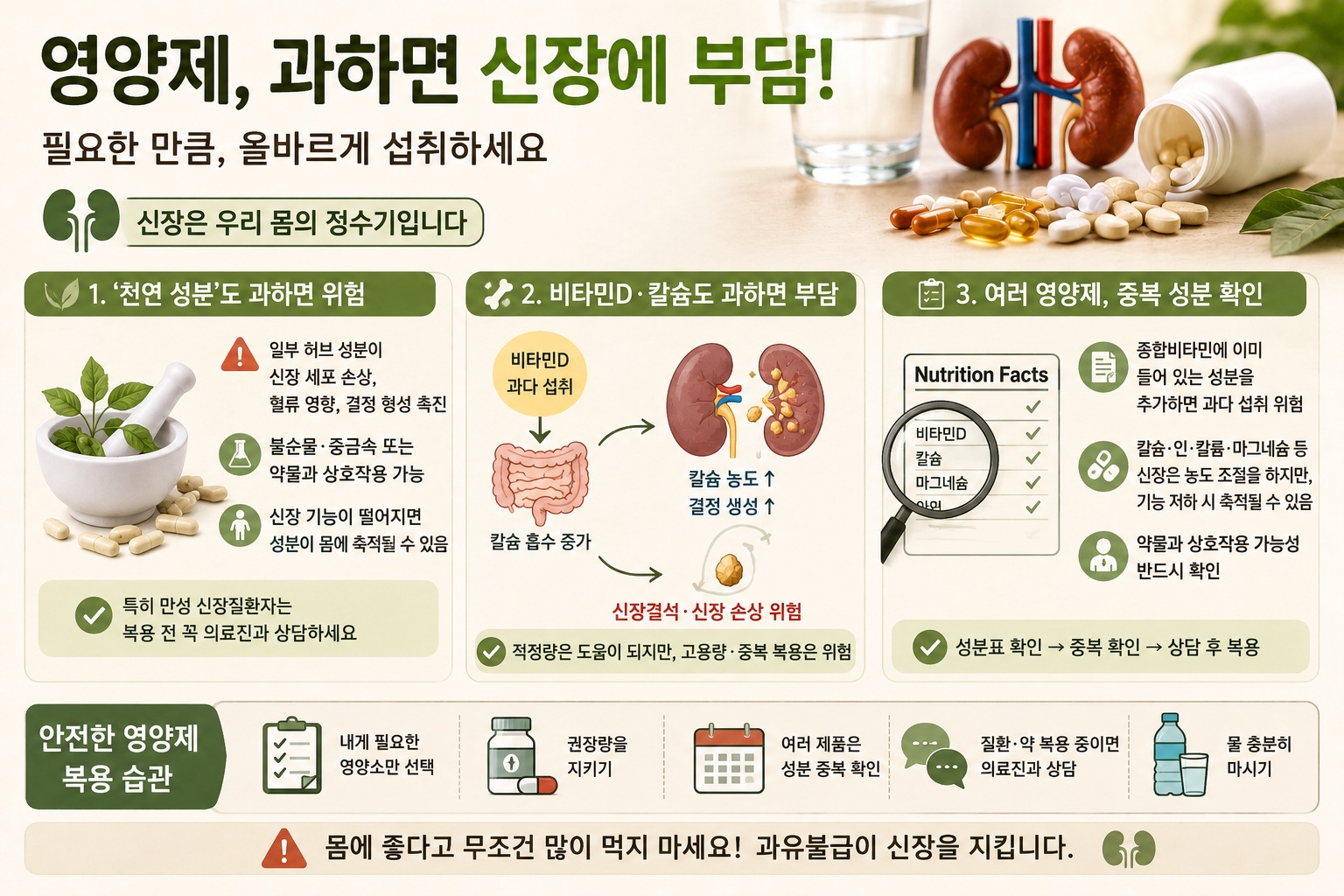 신장에 안 좋은 영양제, 비타민D·칼슘·허브 과다 복용이 위험한 이유
