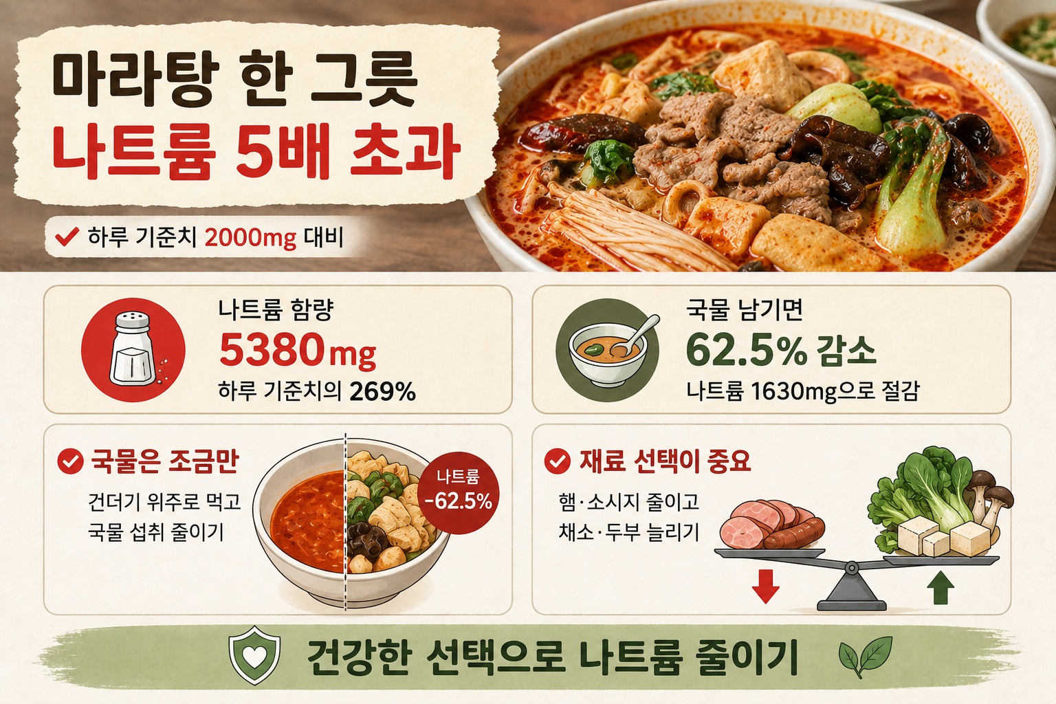 마라탕 나트륨 하루 기준치 최대 5배, 국물 남기면 얼마나 줄어들까