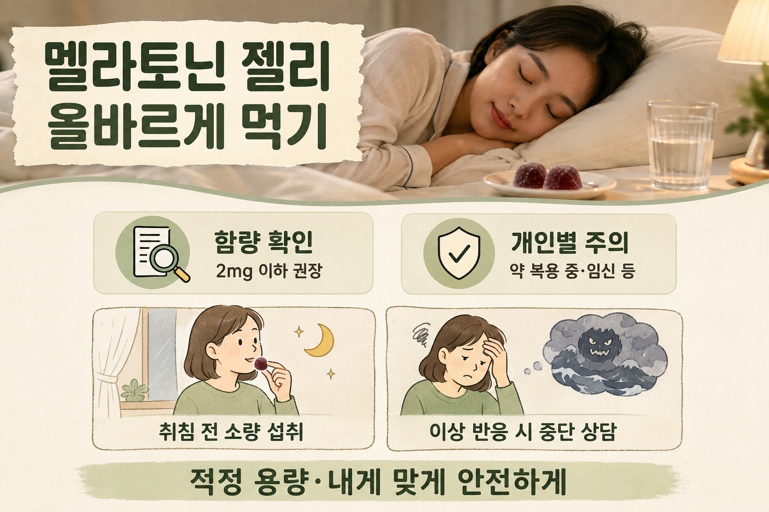 침대 옆에 놓인 멜라토닌 젤리와 잠을 설친 사람이 함께 보이는 수면 보조제 복용 상황