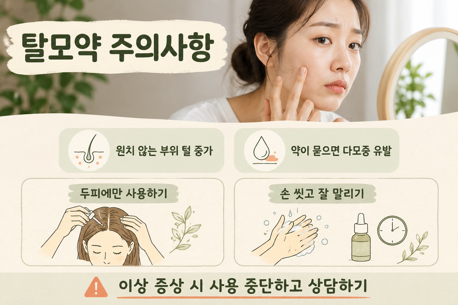 이마 가까운 두피에 미녹시딜 외용제를 바르며 얼굴로 흐르지 않도록 주의하는 모습