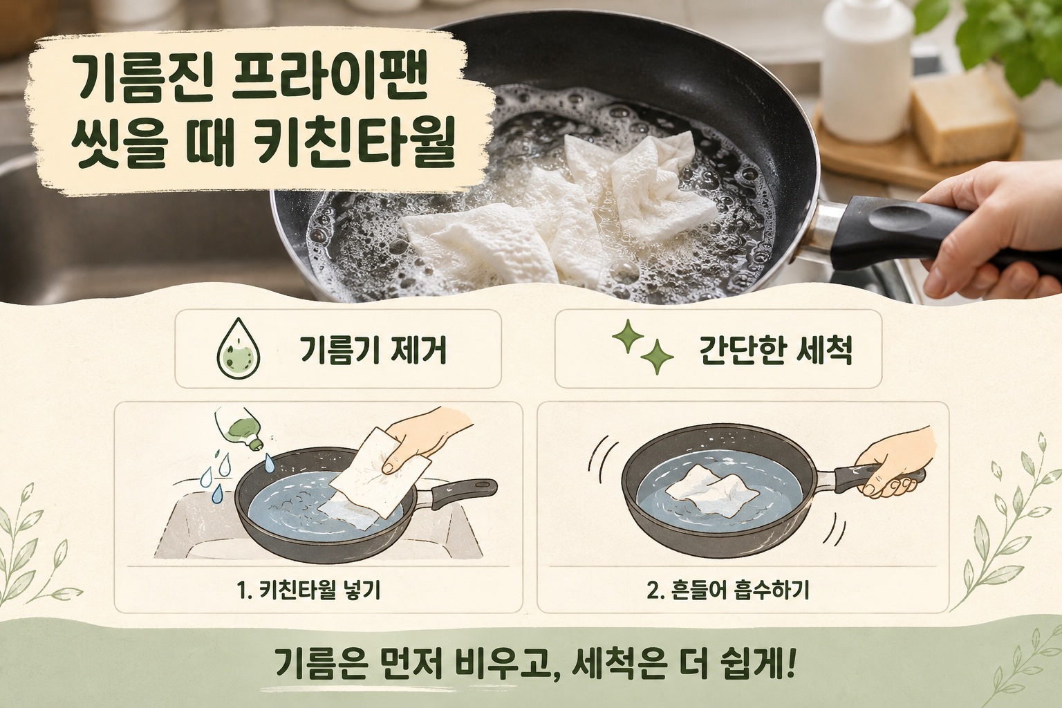 기름진 프라이팬 세척, 키친타월과 세제로 기름기 쉽게 없애는 방법