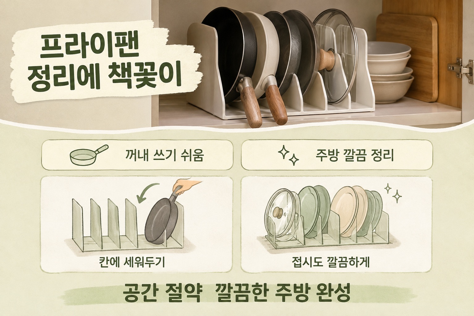 프라이팬 정리, 플라스틱 책꽂이 하나로 꺼내기 쉬운 세로 수납하는 법
