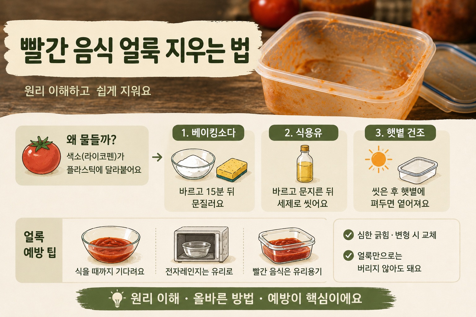 플라스틱 밀폐용기 빨간 얼룩 제거법, 베이킹소다부터 식용유·햇빛까지 효과적인 방법