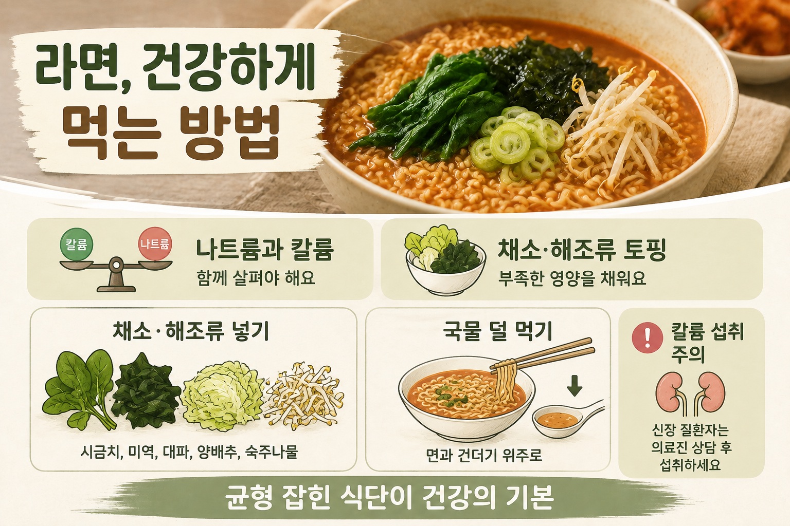 라면 나트륨 줄이는 법, 국물 덜 먹고 칼륨 채소 토핑 챙기는 이유