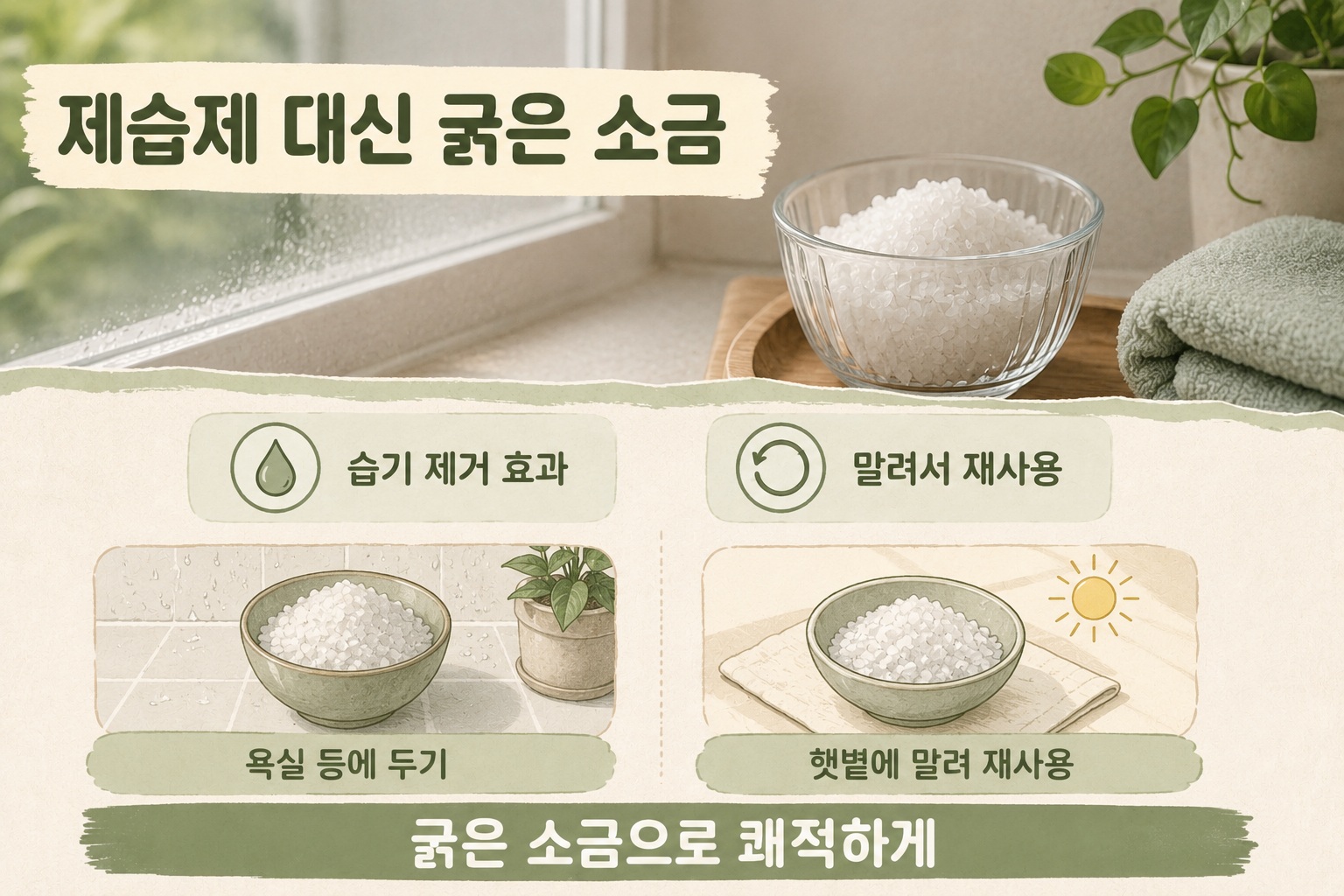 굵은 소금 제습제 사용법, 장마철 욕실 습기 제거하고 재사용하는 방법