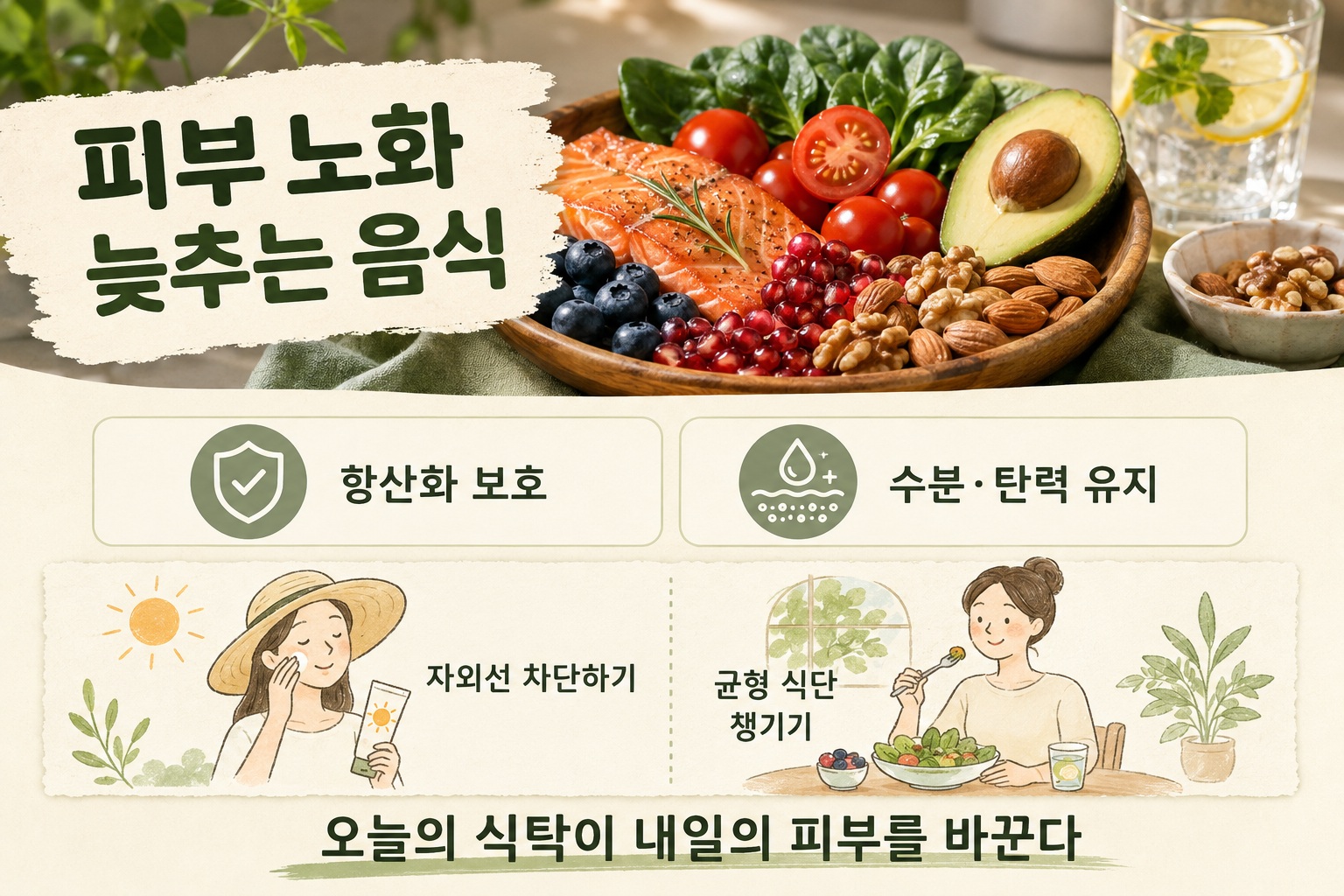 피부 노화 방지 음식, 여름 자외선에 지친 피부를 위한 8가지 식품과 식사법