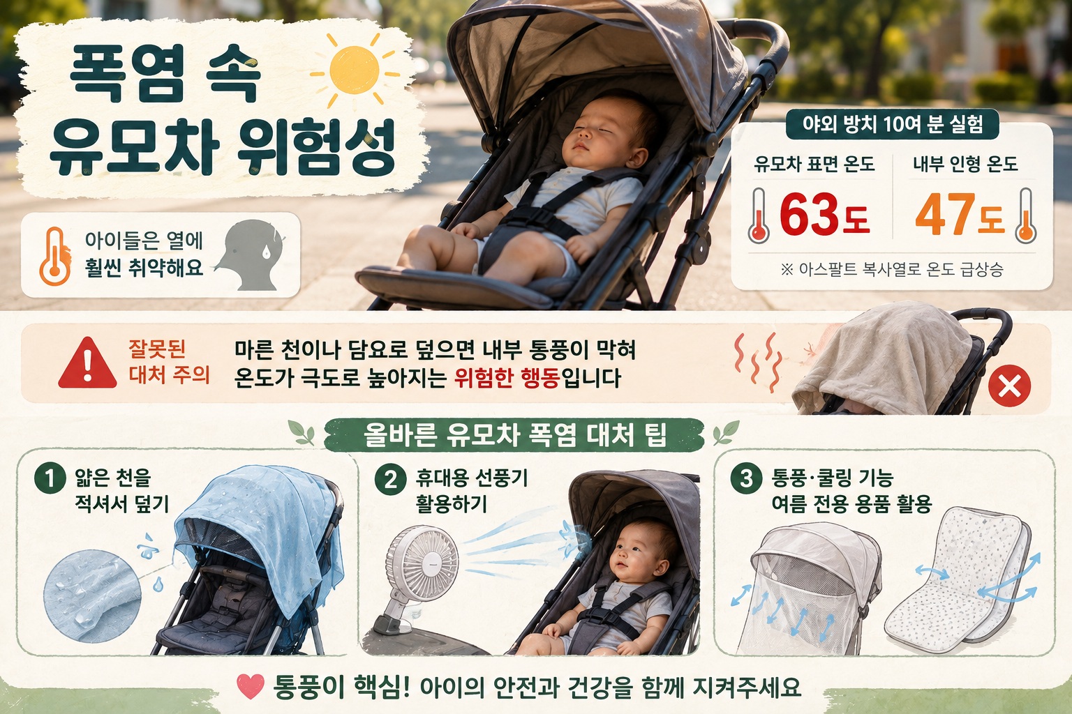 한여름 뜨거운 아스팔트 위 유모차에 강한 햇볕이 내리쬐어 내부 온도가 높아지는 모습