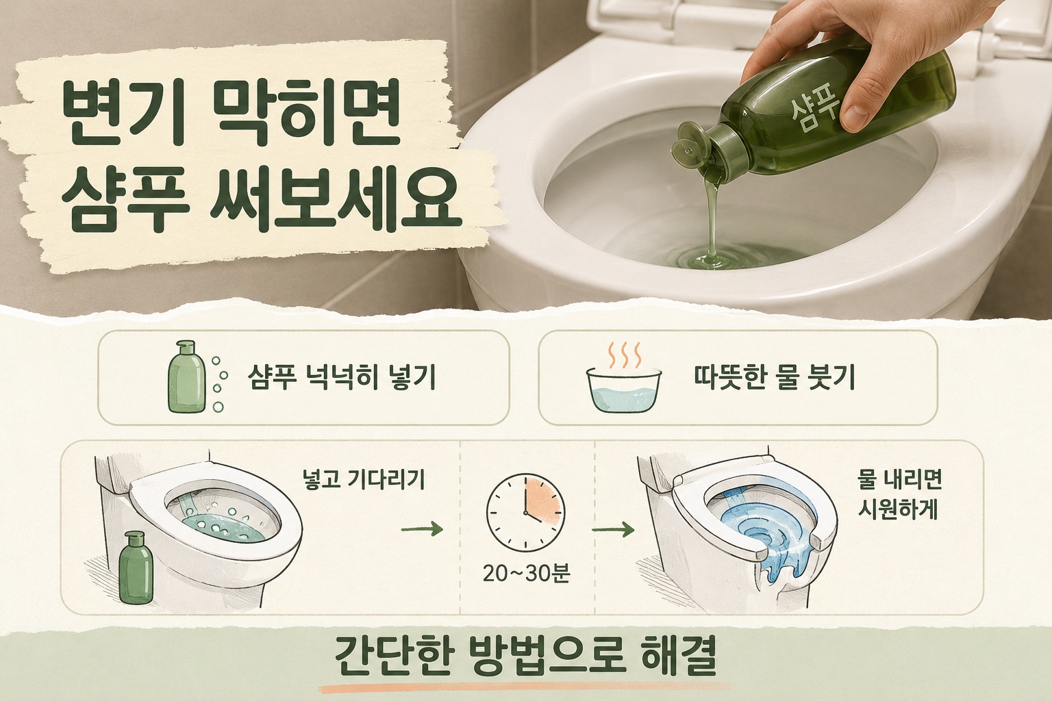 변기 막힘 샴푸 활용법, 따뜻한 물 붓고 20~30분 기다리는 방법