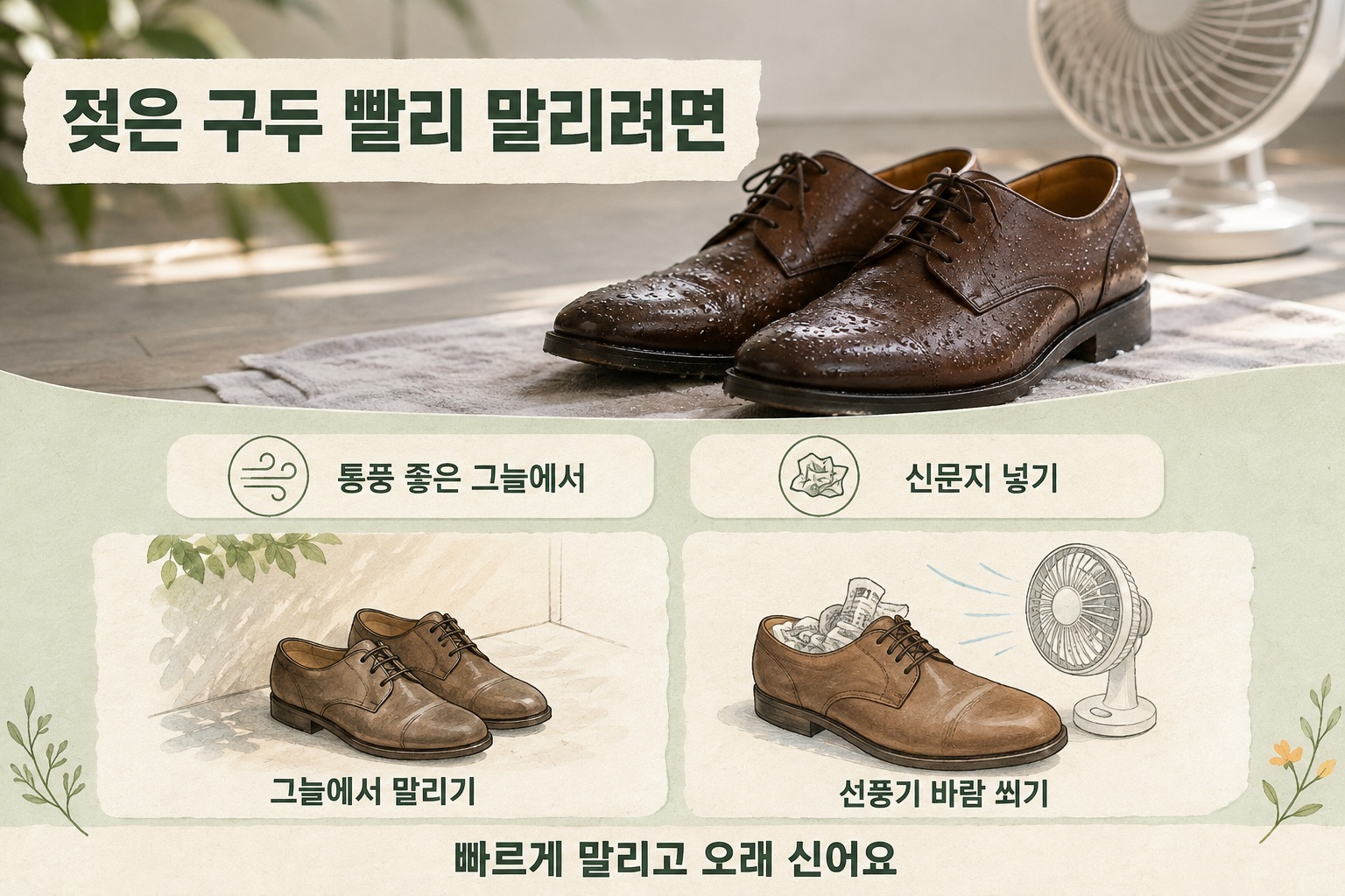 젖은 구두 빨리 말리려면 신문지와 선풍기로 가죽 손상 줄이는 건조법