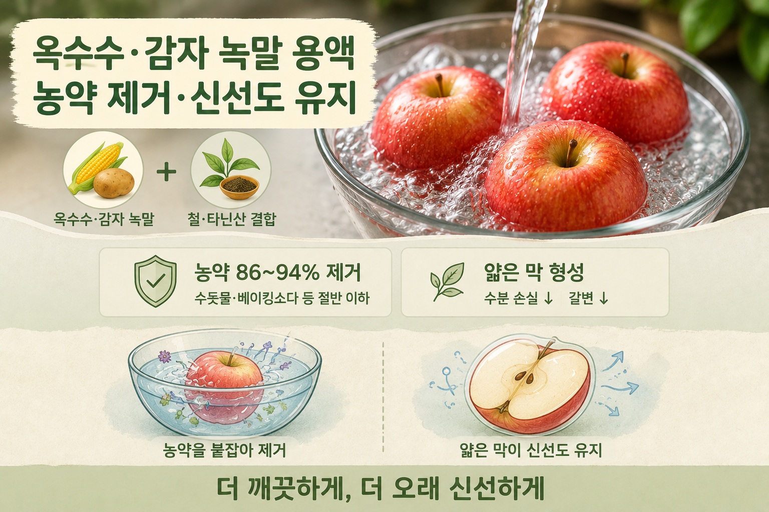 과일 농약 제거, 녹말 기반 세척 용액이 최대 94% 없애고 신선도까지 유지
